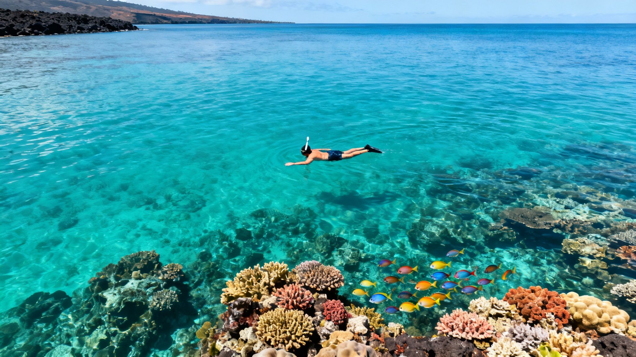 A person snorkeling over a vibrant coral reef with colorful fish in clear turquoise water.