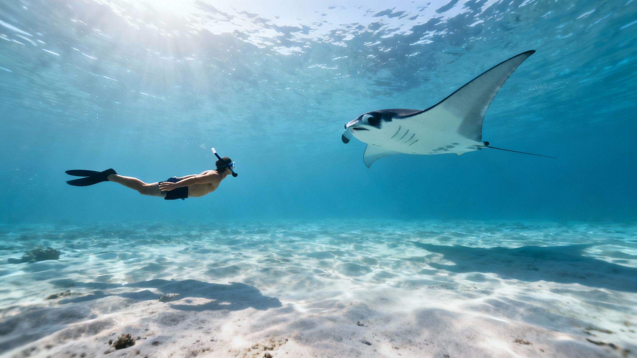 A snorkeler swims in clear blue water, encountering a majestic manta ray above a sandy seabed.
