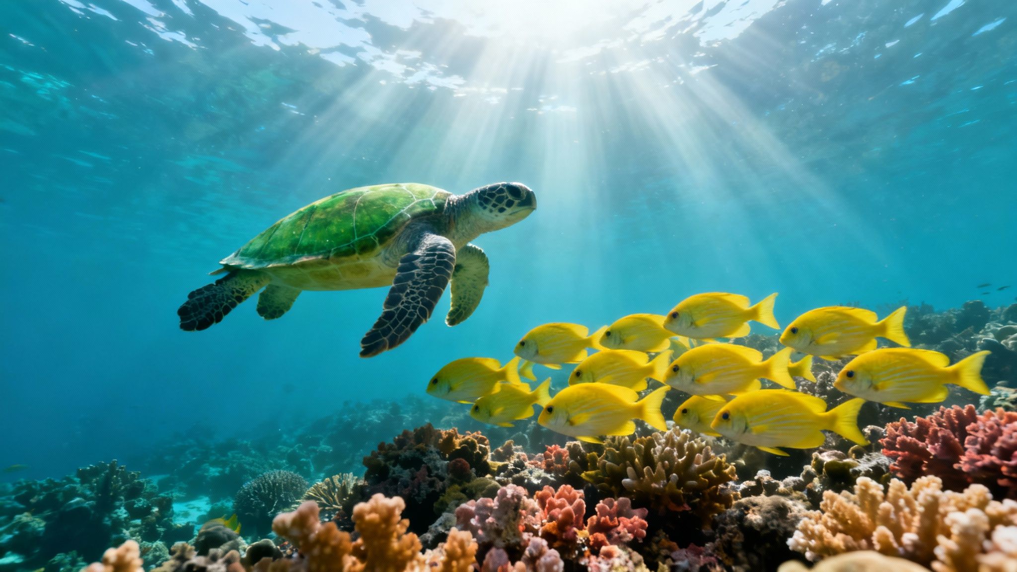 A school of yellow tang fish swims over a healthy coral reef in Kealakekua Bay, Hawaii.