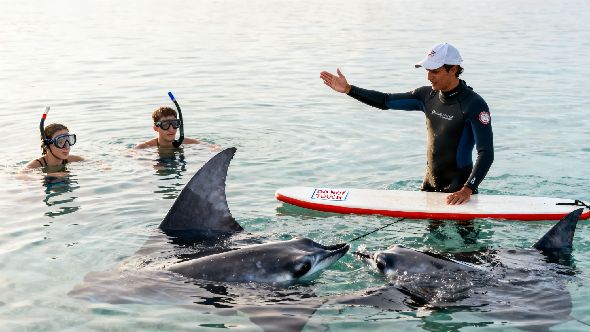 A guide and two snorkelers interacting with two large manta rays in clear ocean water.
