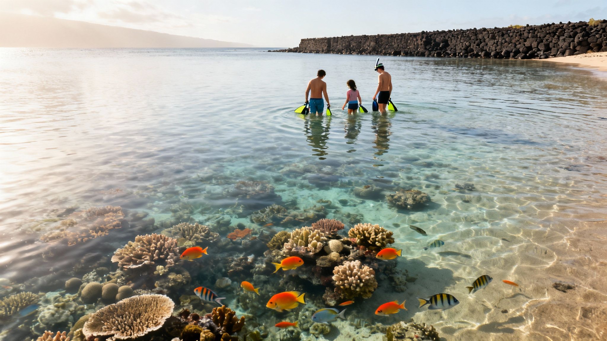 Three children with snorkeling gear stand in clear ocean water above a coral reef with colorful fish.