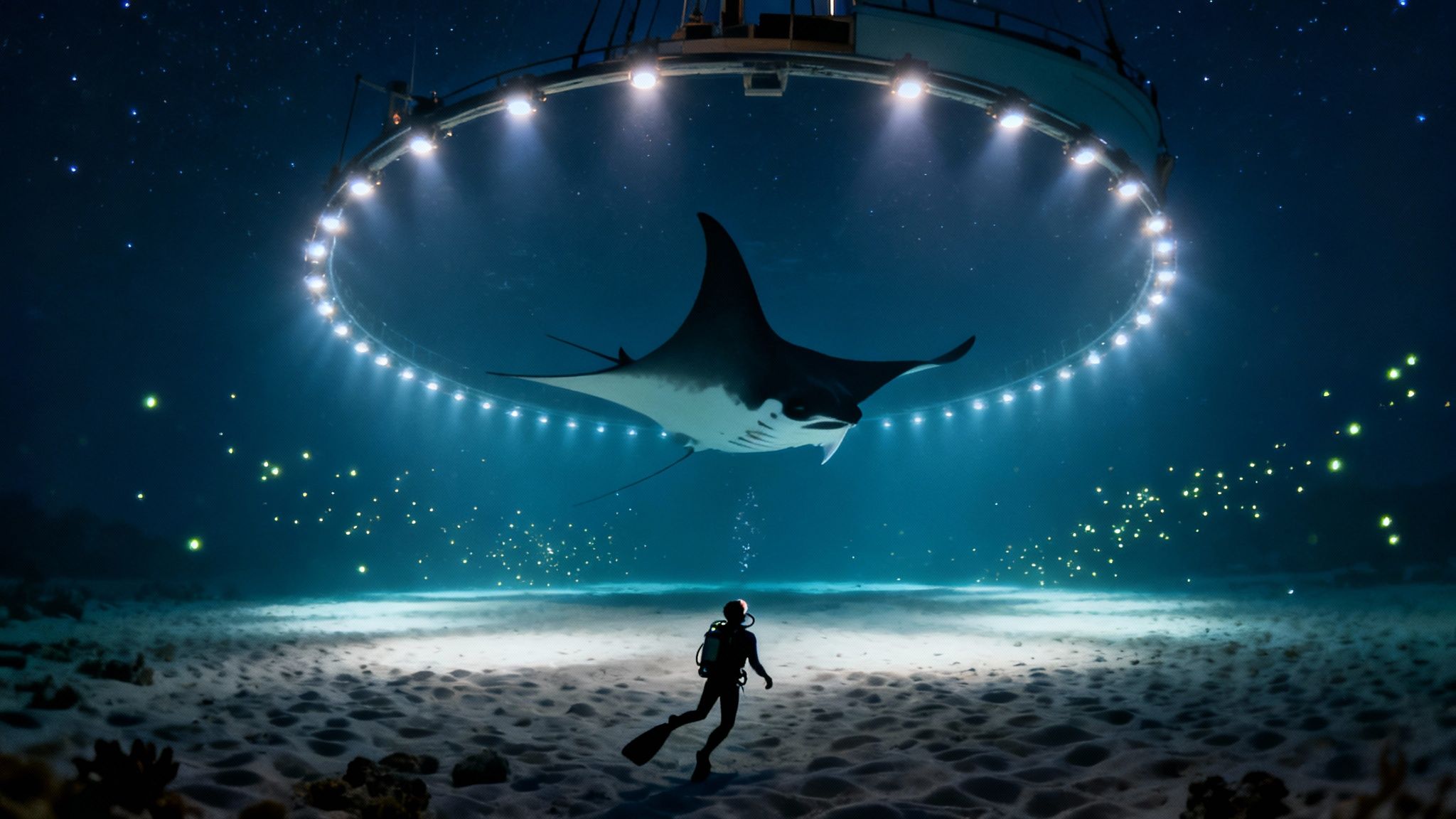 An underwater diver watches a manta ray illuminated by stadium-like lights beneath a starry sky.