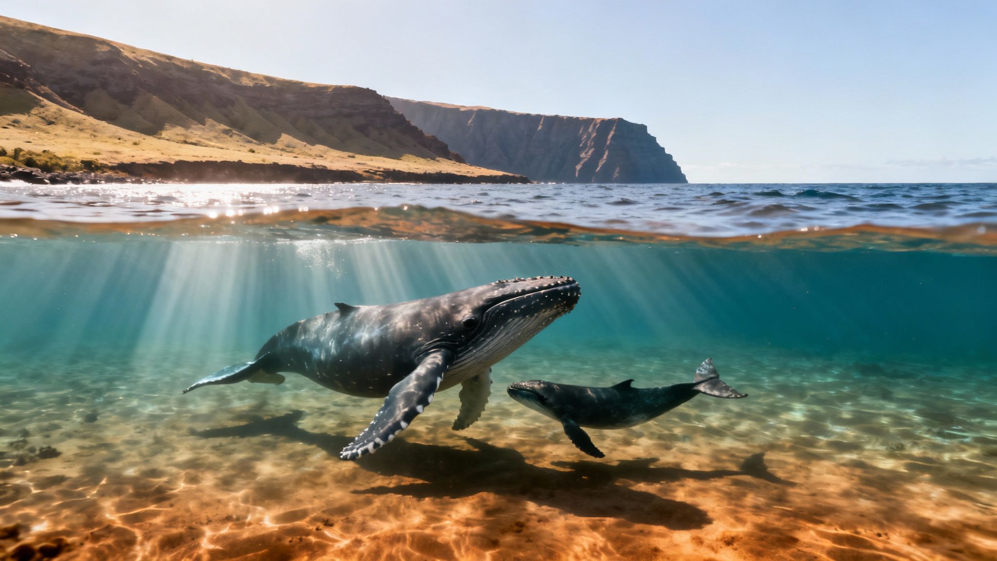 A close-up of a humpback whale's fluke as it dives into the deep blue water off the Big Island.