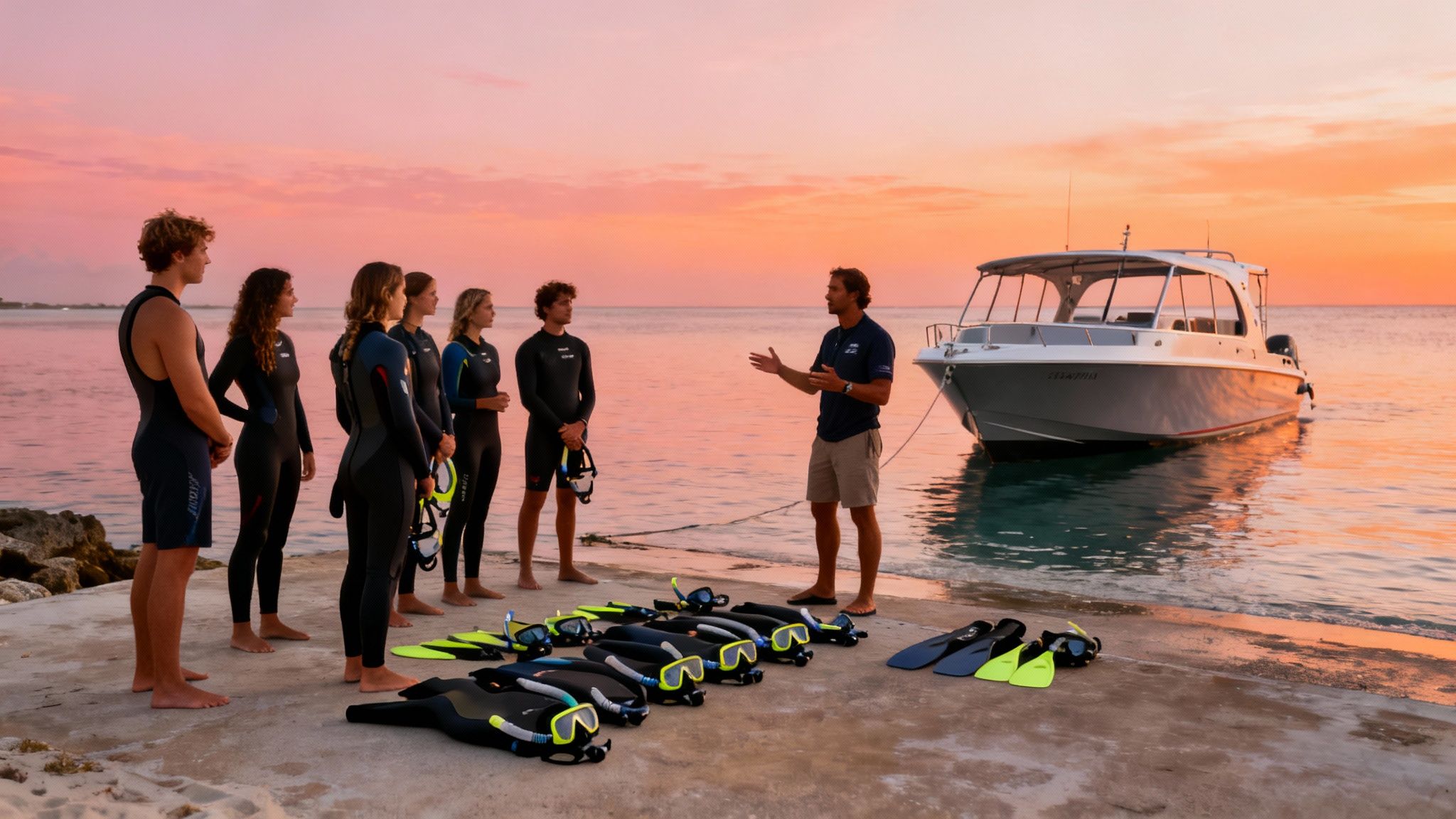 Group of divers with an instructor on a pier at sunset, preparing for a snorkel tour.
