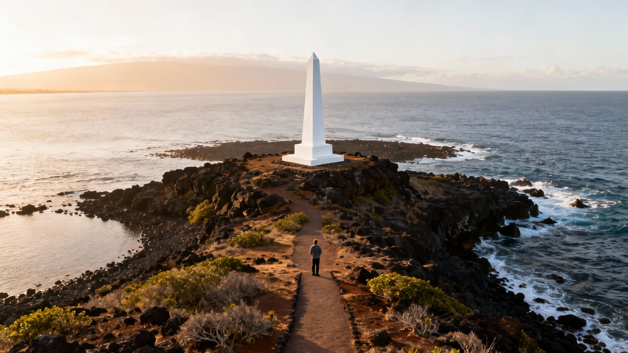 A person walks on a rocky path towards a white obelisk on a coastal promontory at sunrise.