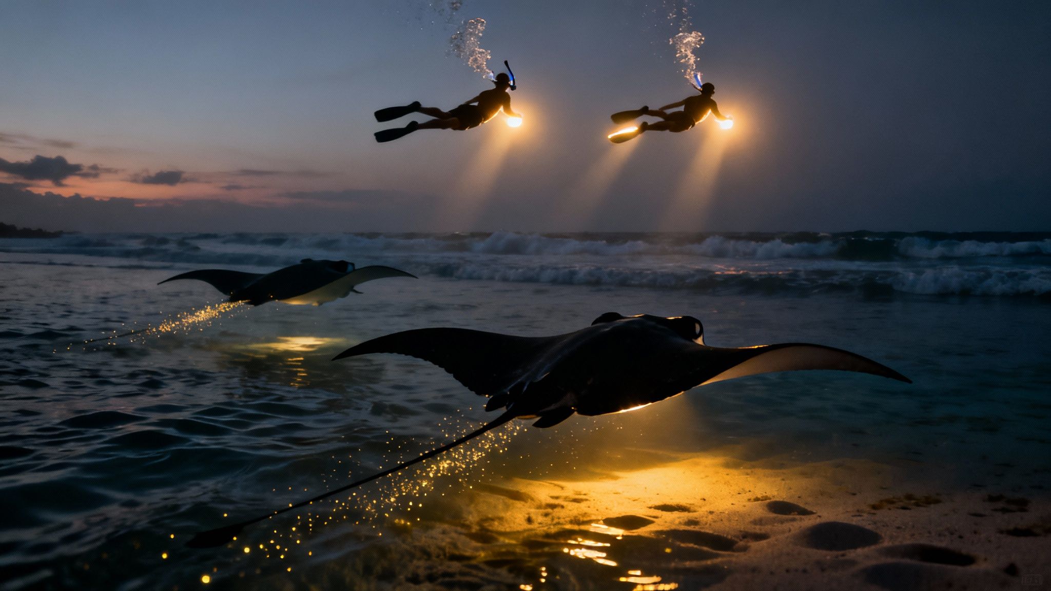 Two snorkelers illuminate magnificent manta rays swimming near a beach at dusk, creating a magical scene.
