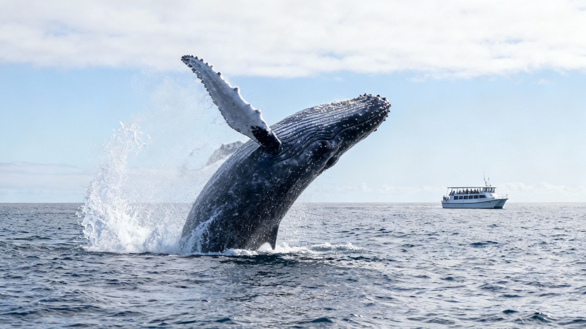 A magnificent humpback whale breaches, leaping high out of the ocean water near a tour boat, creating a large splash.