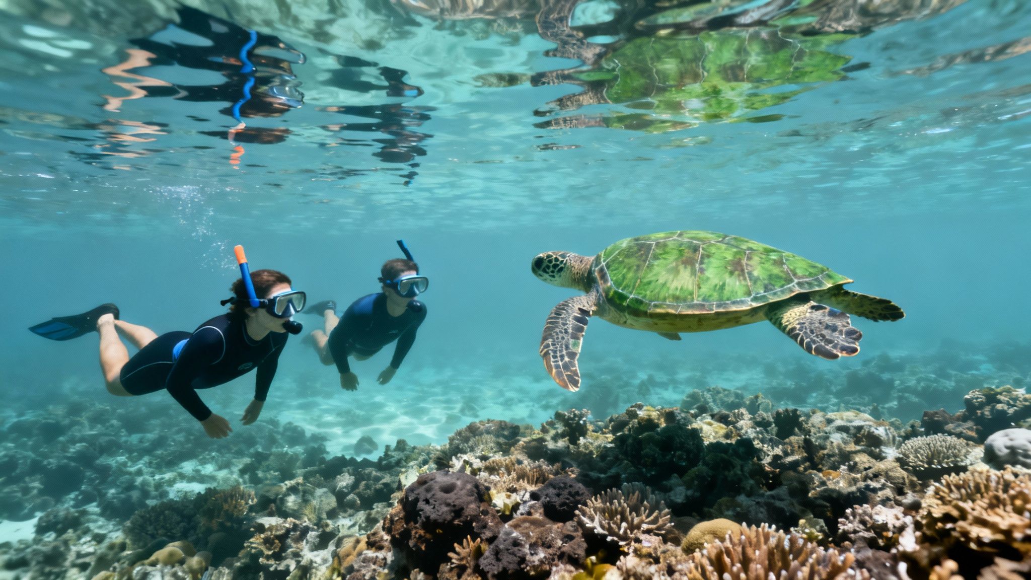 A snorkeler gently swims above a vibrant coral reef, observing a colorful fish without touching it.