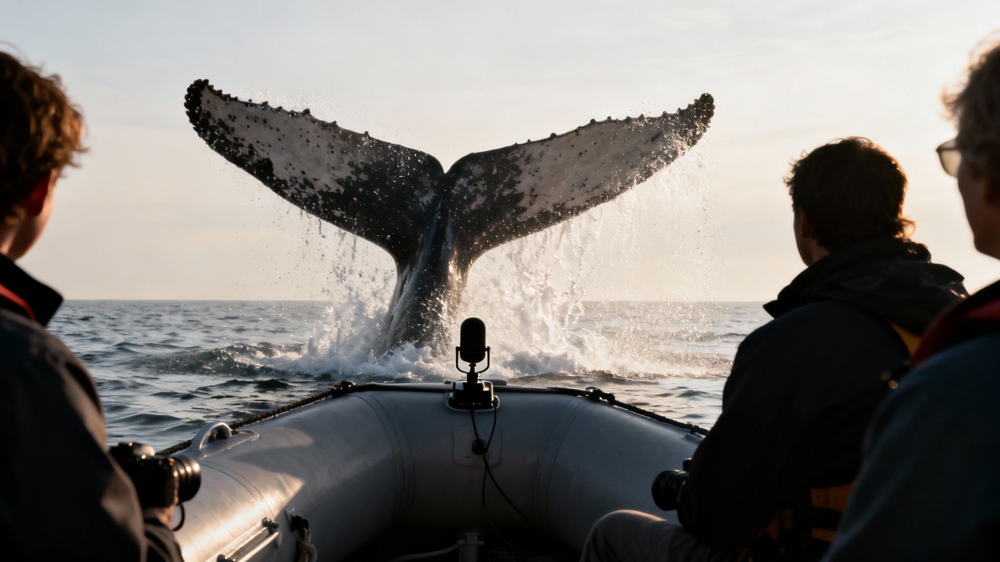 People on a boat capturing a humpback whale's tail splashing vigorously in the ocean.