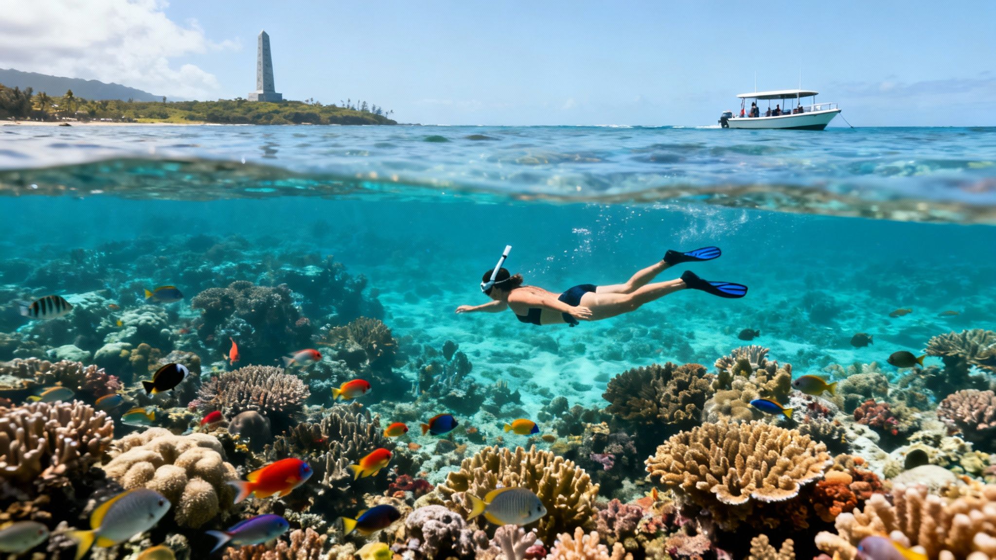 A split image shows a woman snorkeling over a vibrant coral reef with fish, and an island with a monument and boat above water.