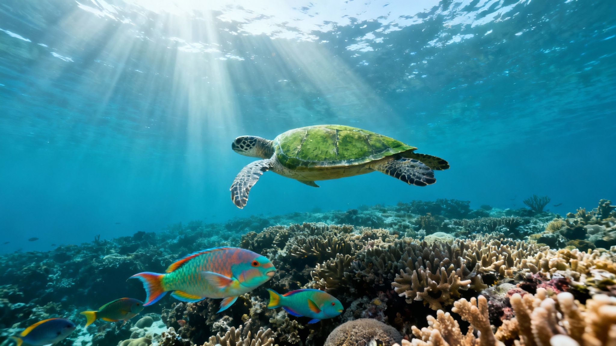 A majestic green sea turtle swims gracefully above a vibrant coral reef, with sun rays piercing the clear blue water.