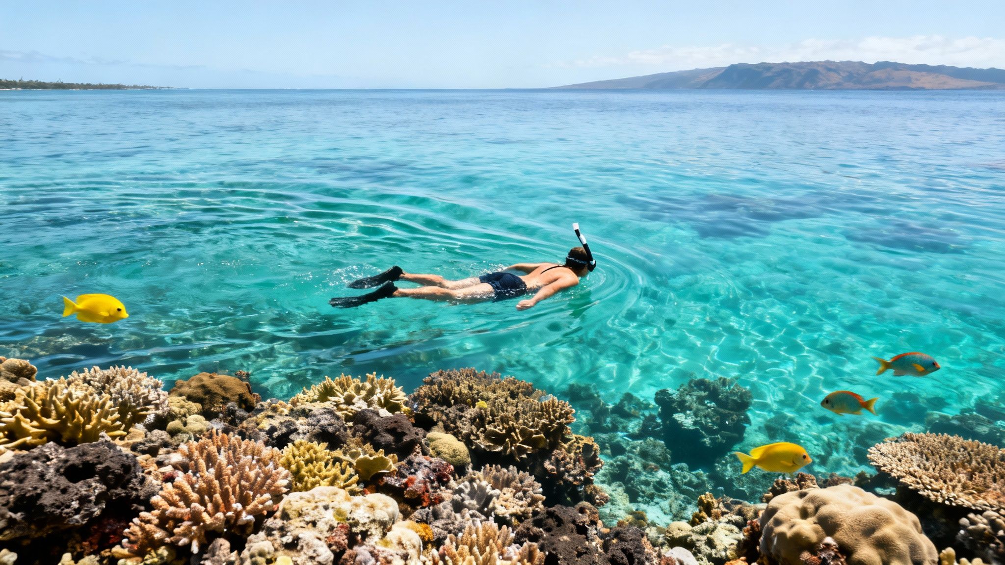 A person snorkeling over a colorful coral reef in crystal-clear turquoise waters with tropical fish.