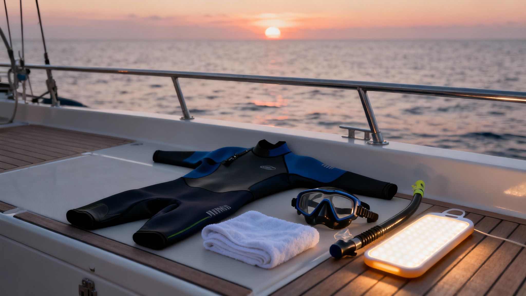 A snorkeler prepares to enter the water at night, with a light board visible on the surface.
