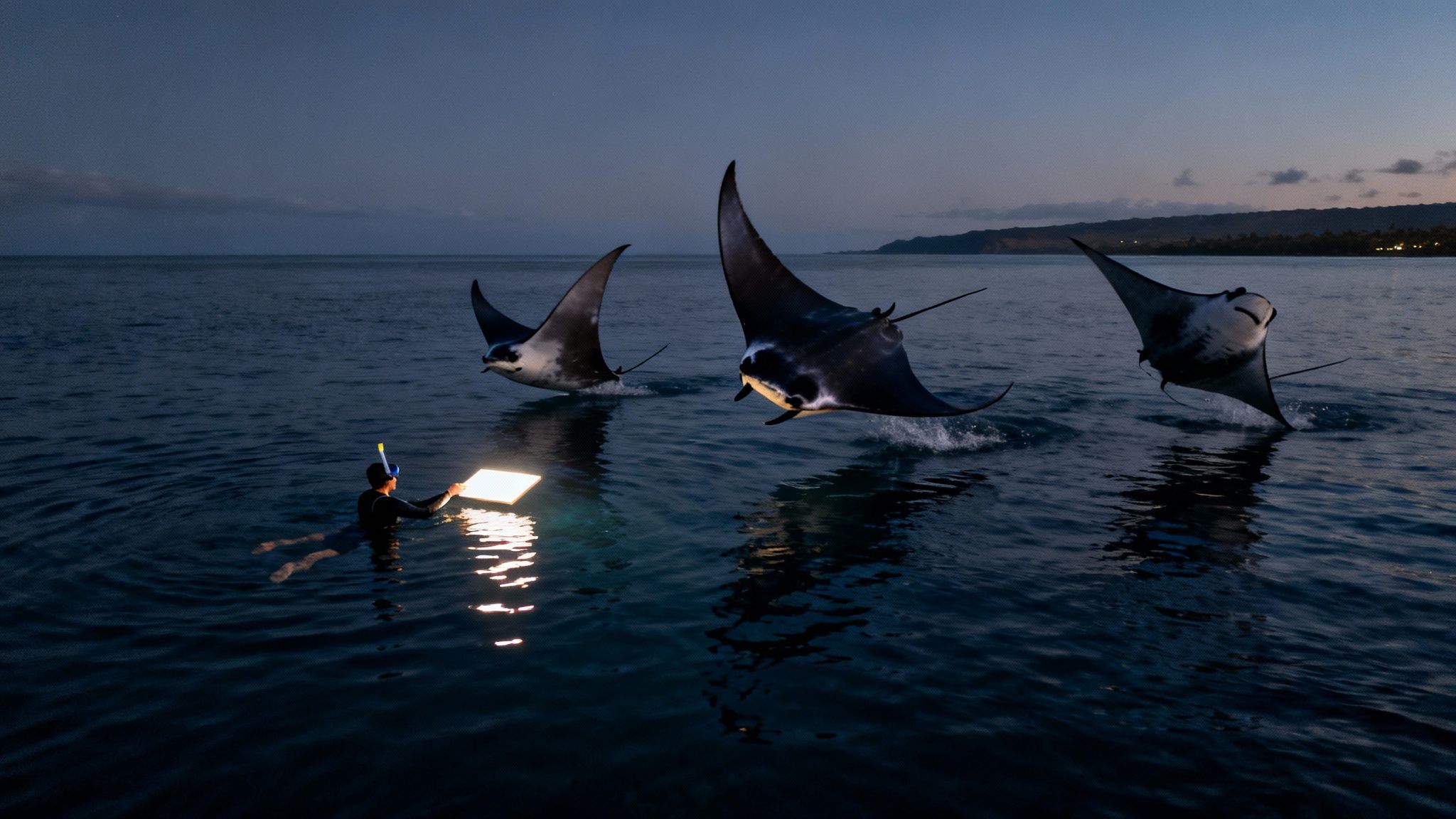 A snorkeler shines a light attracting three manta rays jumping out of the ocean at night.