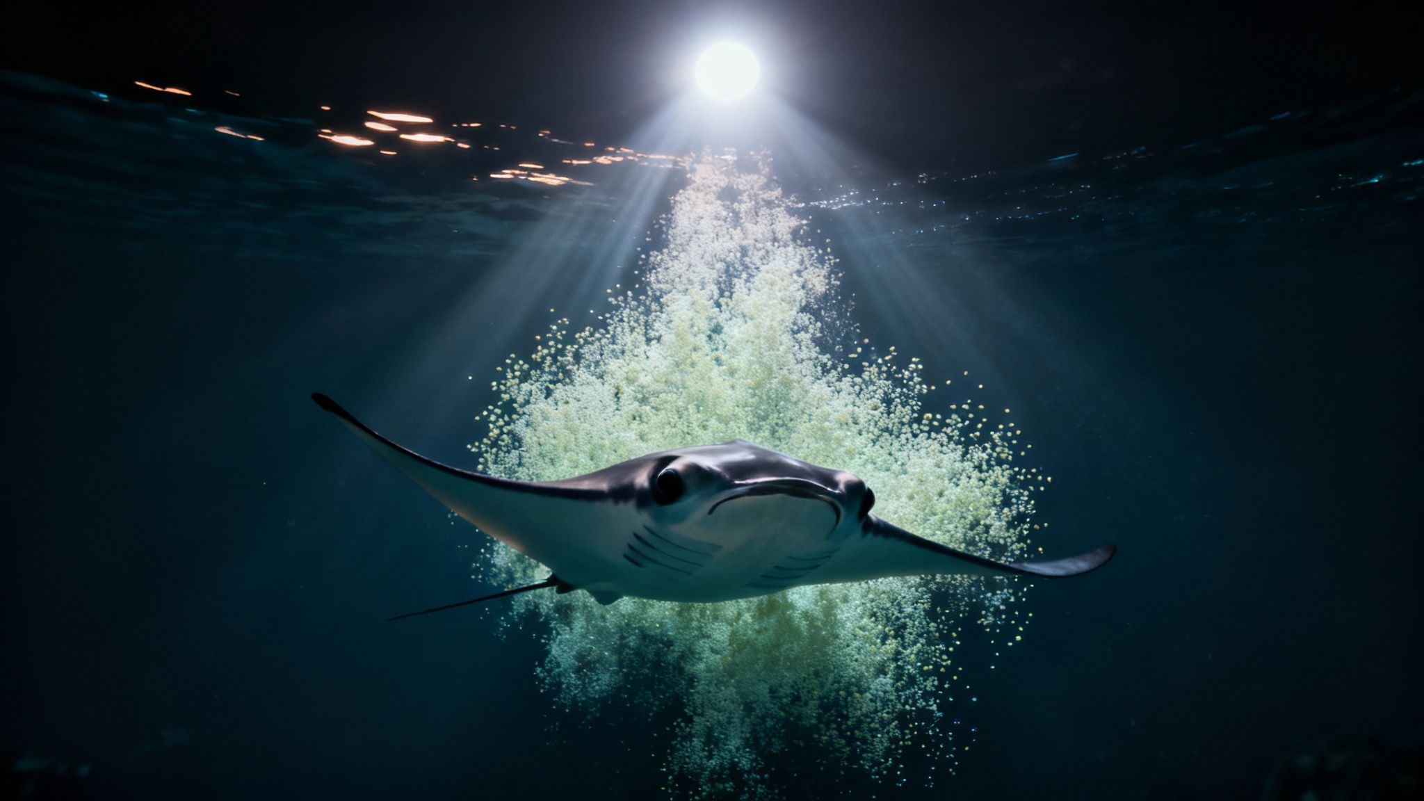 Manta ray swimming underwater at night illuminated by bright spotlight with bubbles
