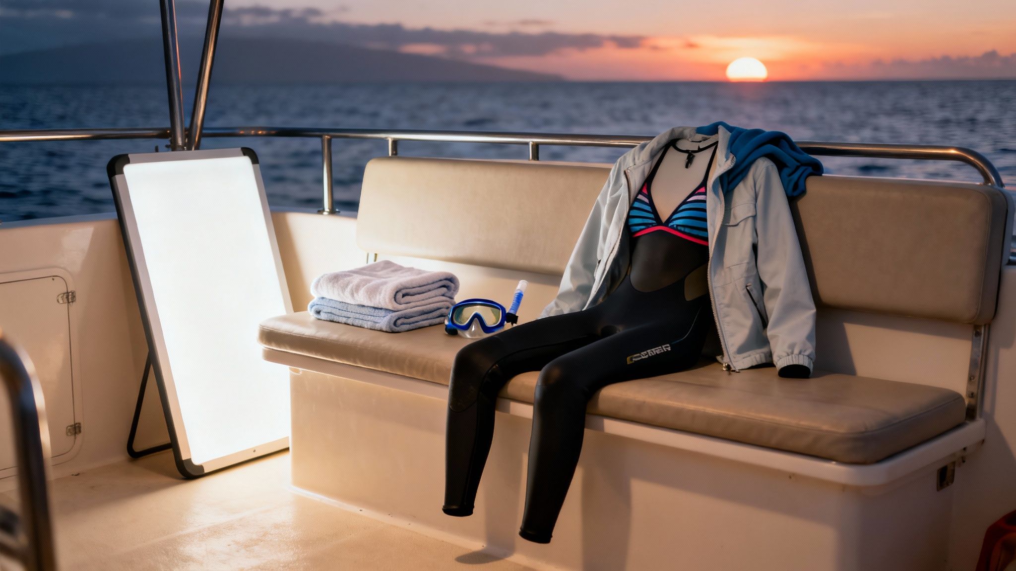 Snorkeling gear, towels, and a light board on a boat deck at sunset over the ocean.
