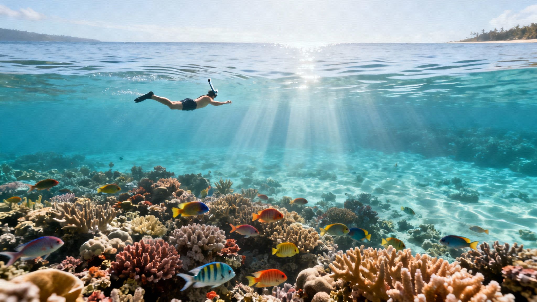 A person snorkeling above a vibrant coral reef with numerous colorful fish, bathed in sunlight.