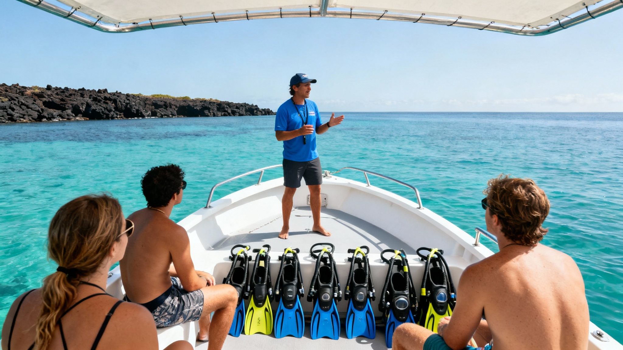 Instructor briefs three people on a boat with diving gear, surrounded by clear blue ocean and a rocky island.