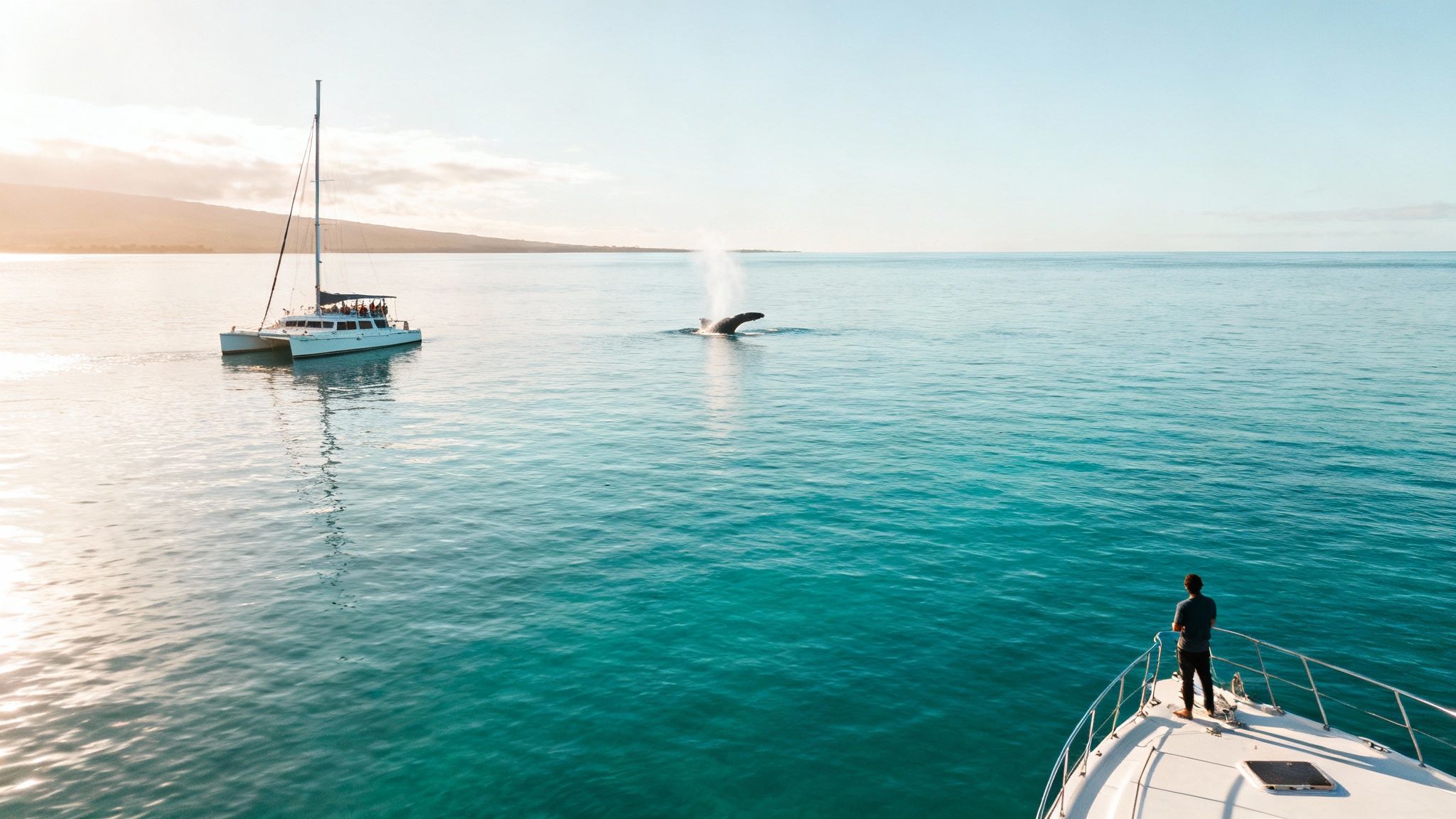 A humpback whale breaching dramatically near a whale watching boat on the Big Island.