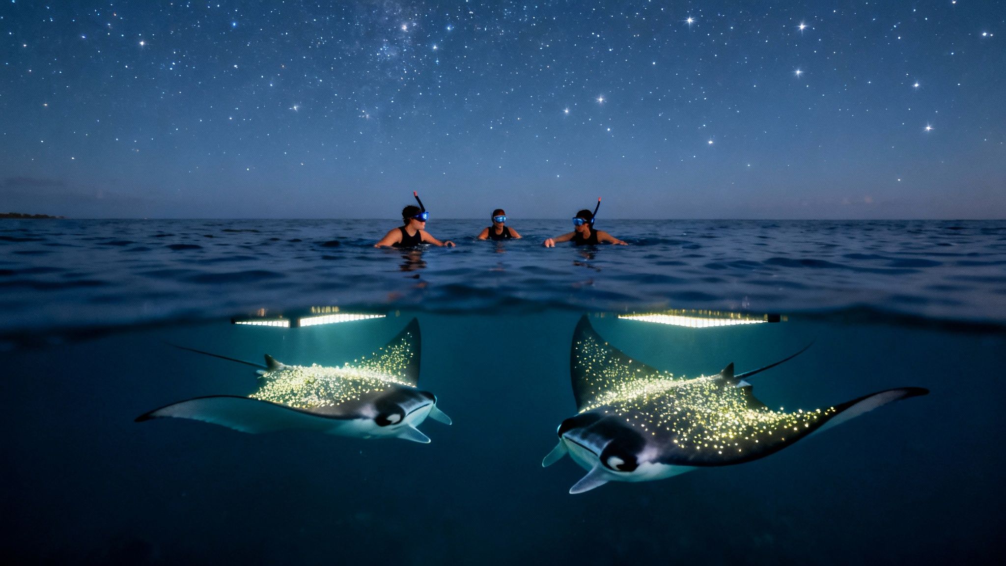 Three people snorkel at night under a starry sky, watching glowing manta rays swim below.