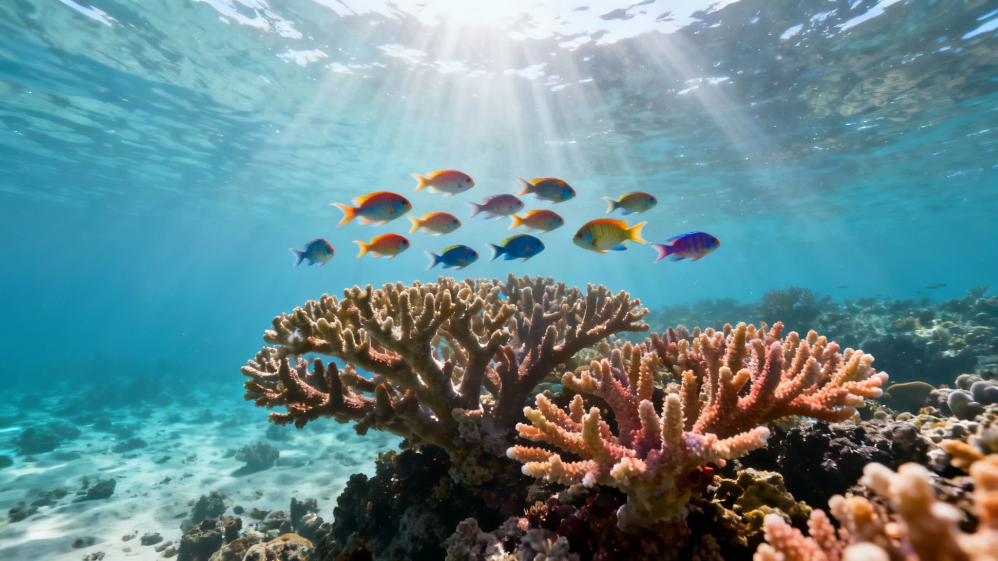 A school of colorful fish swims above vibrant coral reefs, bathed in sunbeams underwater.