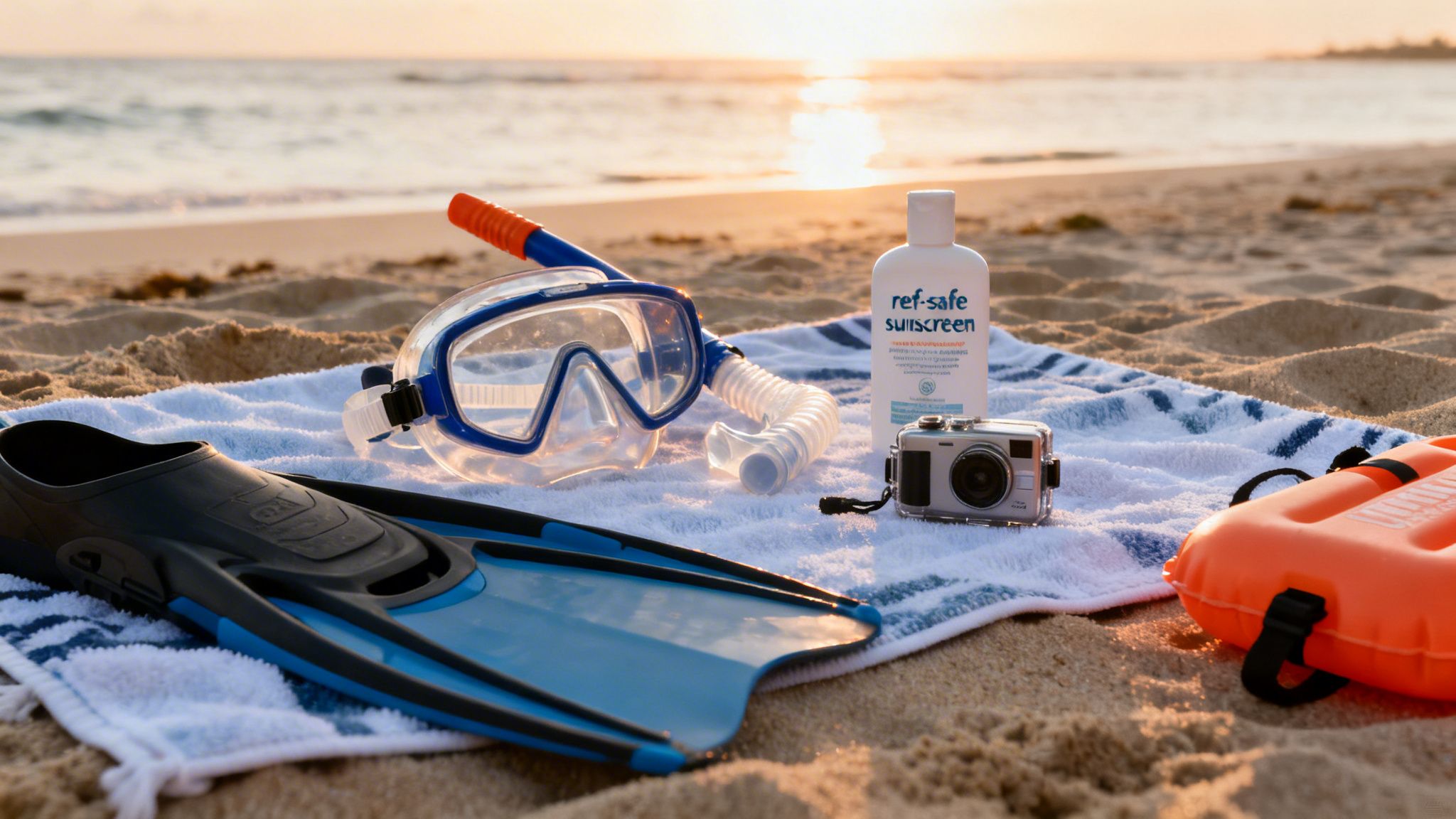 Snorkel mask, fins, sunscreen, and camera on a towel at the beach during sunset.