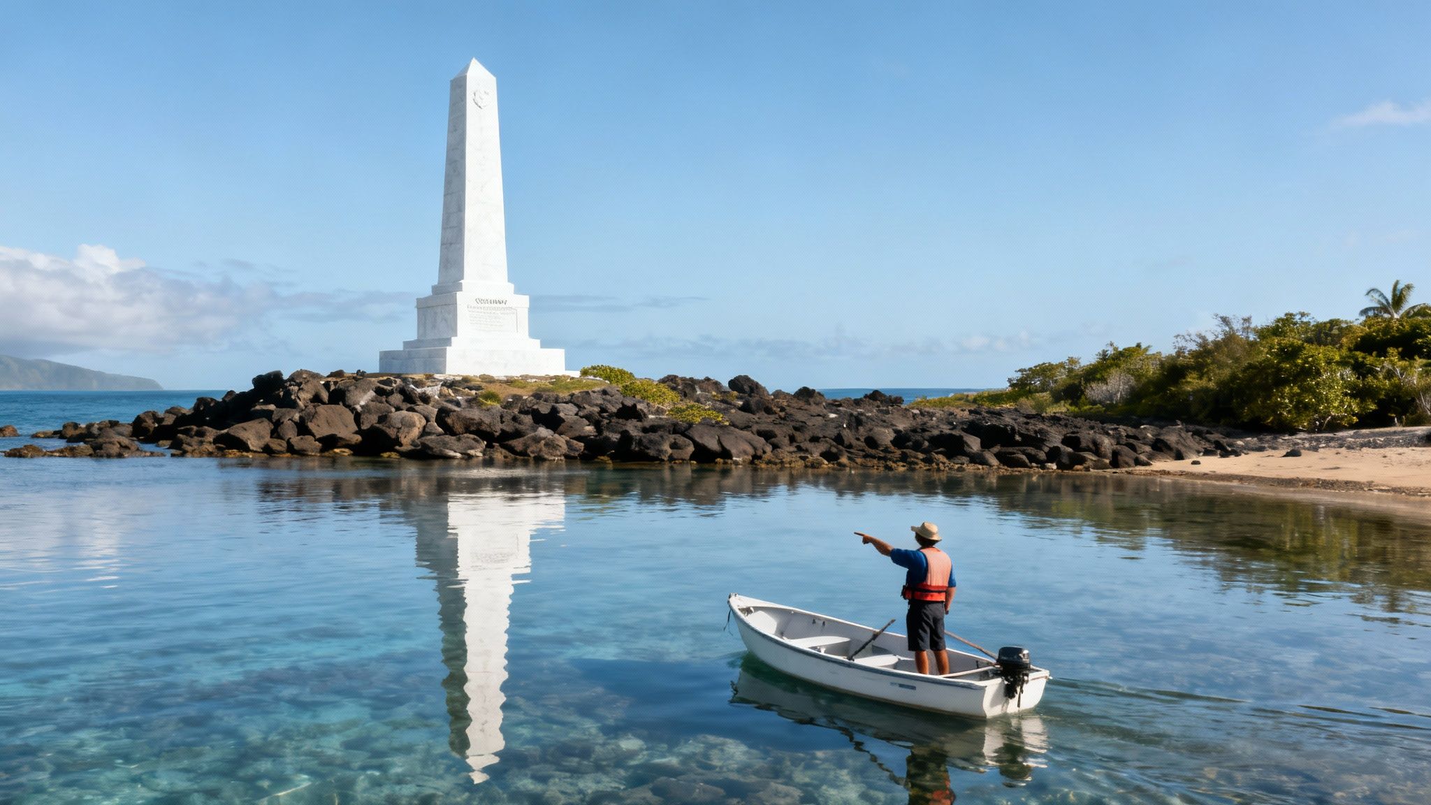 A man in a boat points at a white obelisk on a rocky island with clear blue water and reflections.