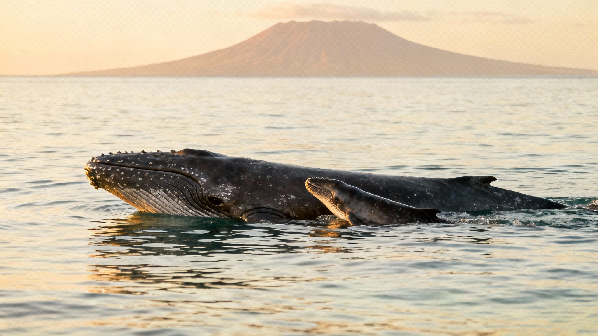 A mother humpback whale and her calf swim in calm ocean waters, with a distant volcano.