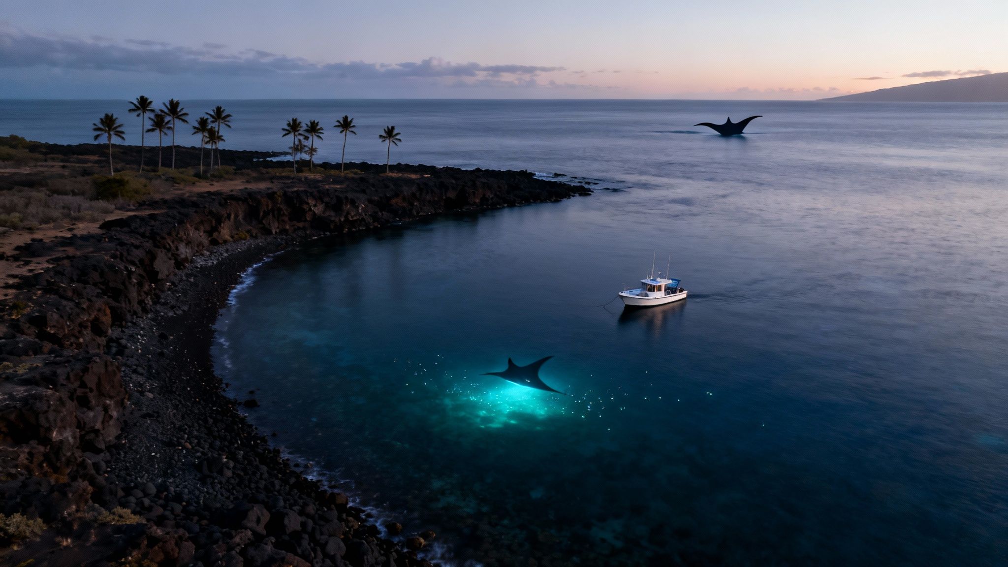 Aerial view of manta rays swimming at night, illuminated by a glowing light, near a boat and palm trees.