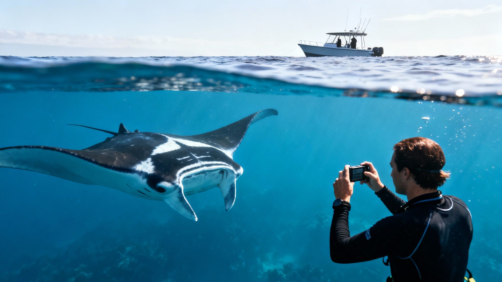 A man underwater photographs a majestic manta ray, with a boat visible above the water.