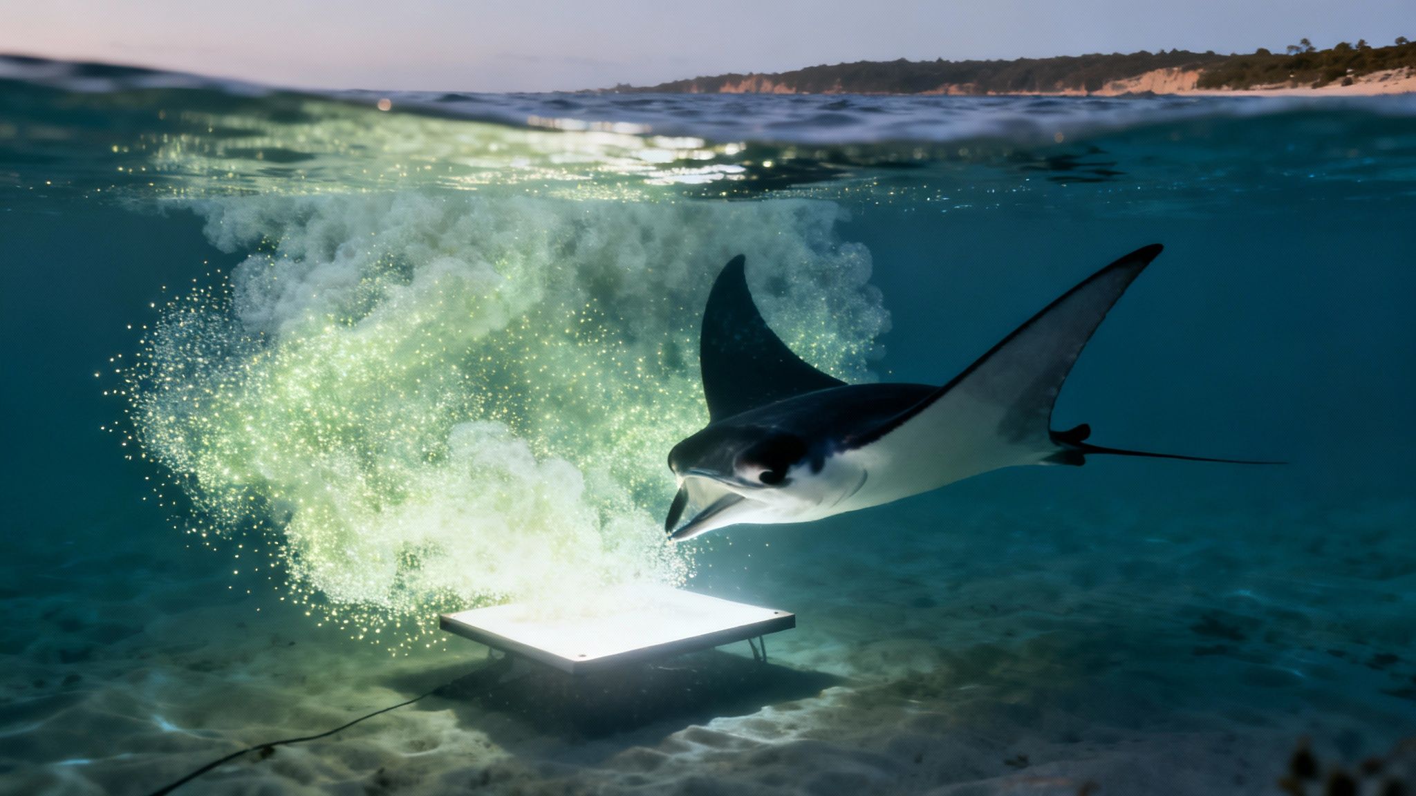 A majestic manta ray swims underwater near a glowing light source attracting plankton.