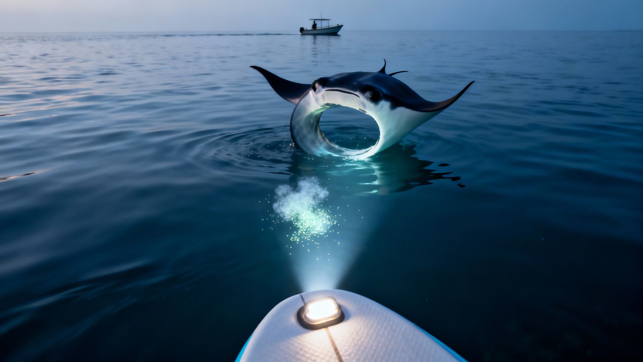 A manta ray gracefully emerges from dark ocean water, illuminated by a paddleboard's light, with a boat nearby.