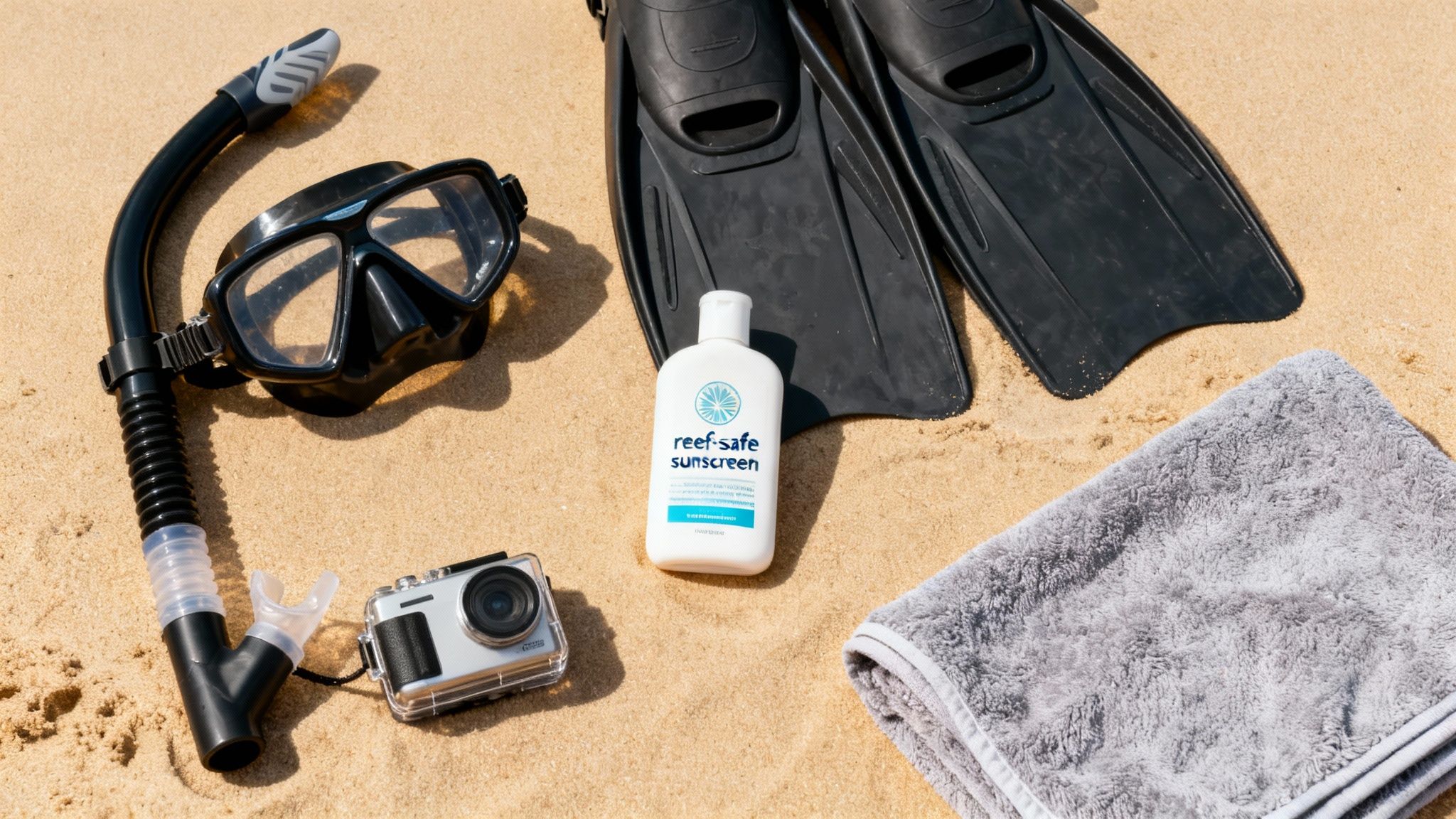 Snorkeling gear, a waterproof camera, reef-safe sunscreen, and a towel laid out on a sandy beach.