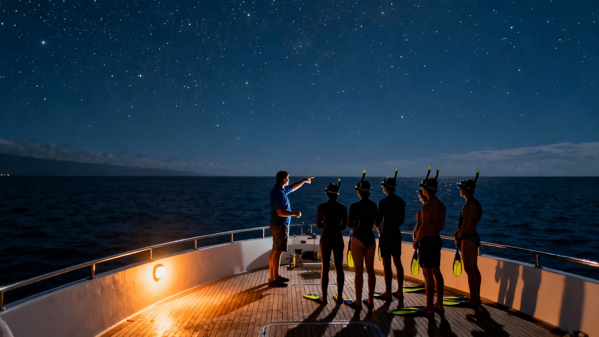 People in snorkeling gear on a boat at night, guided by a man under a starry sky.