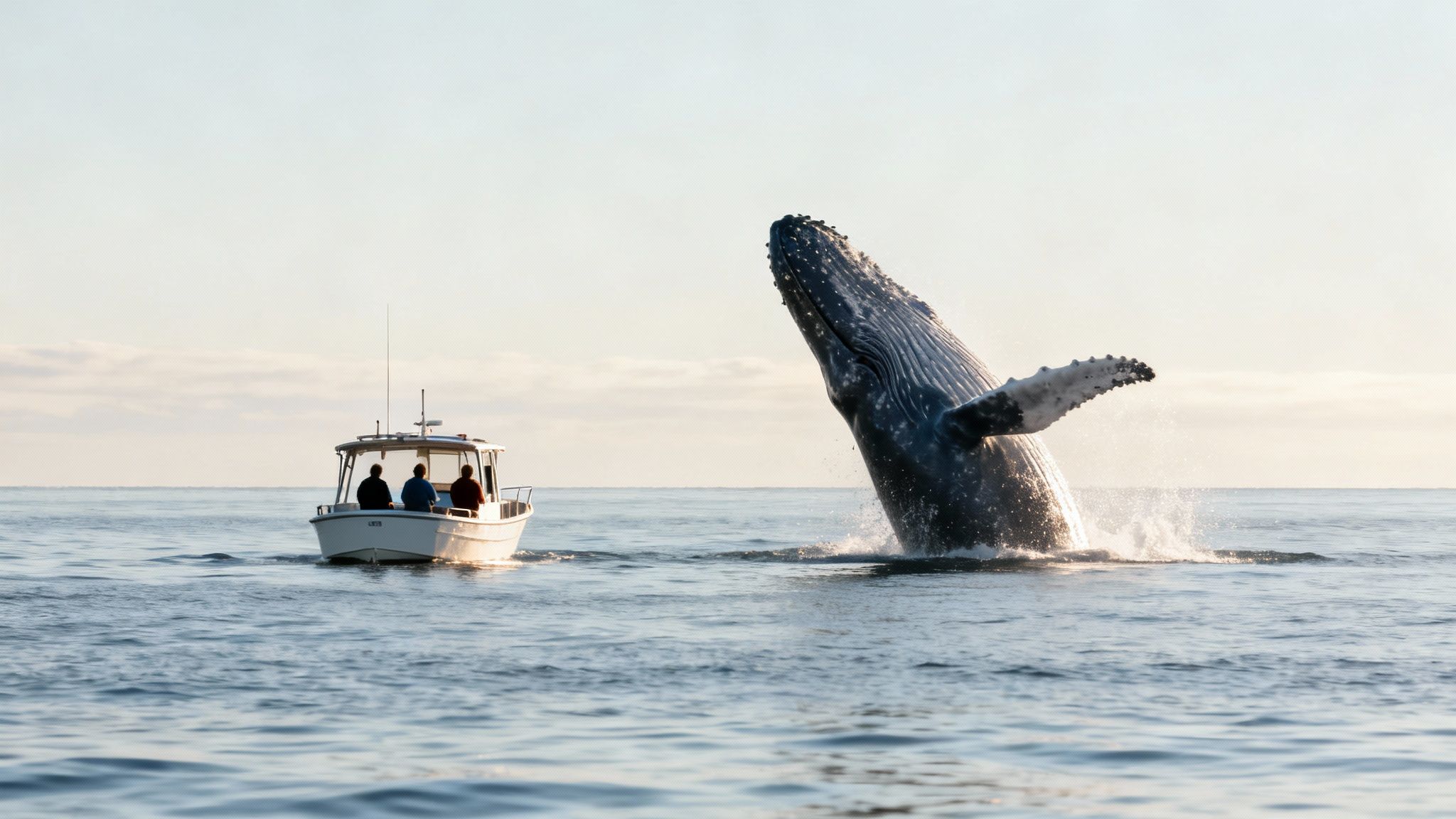A majestic humpback whale breaches out of the ocean near a small boat with three people.