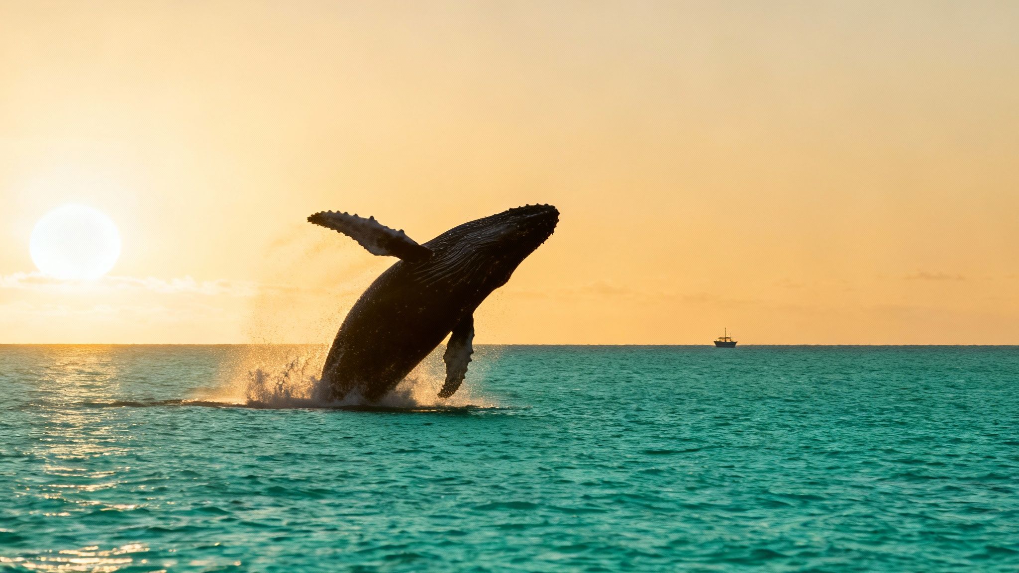 A humpback whale breaching spectacularly against the backdrop of the Big Island coastline.