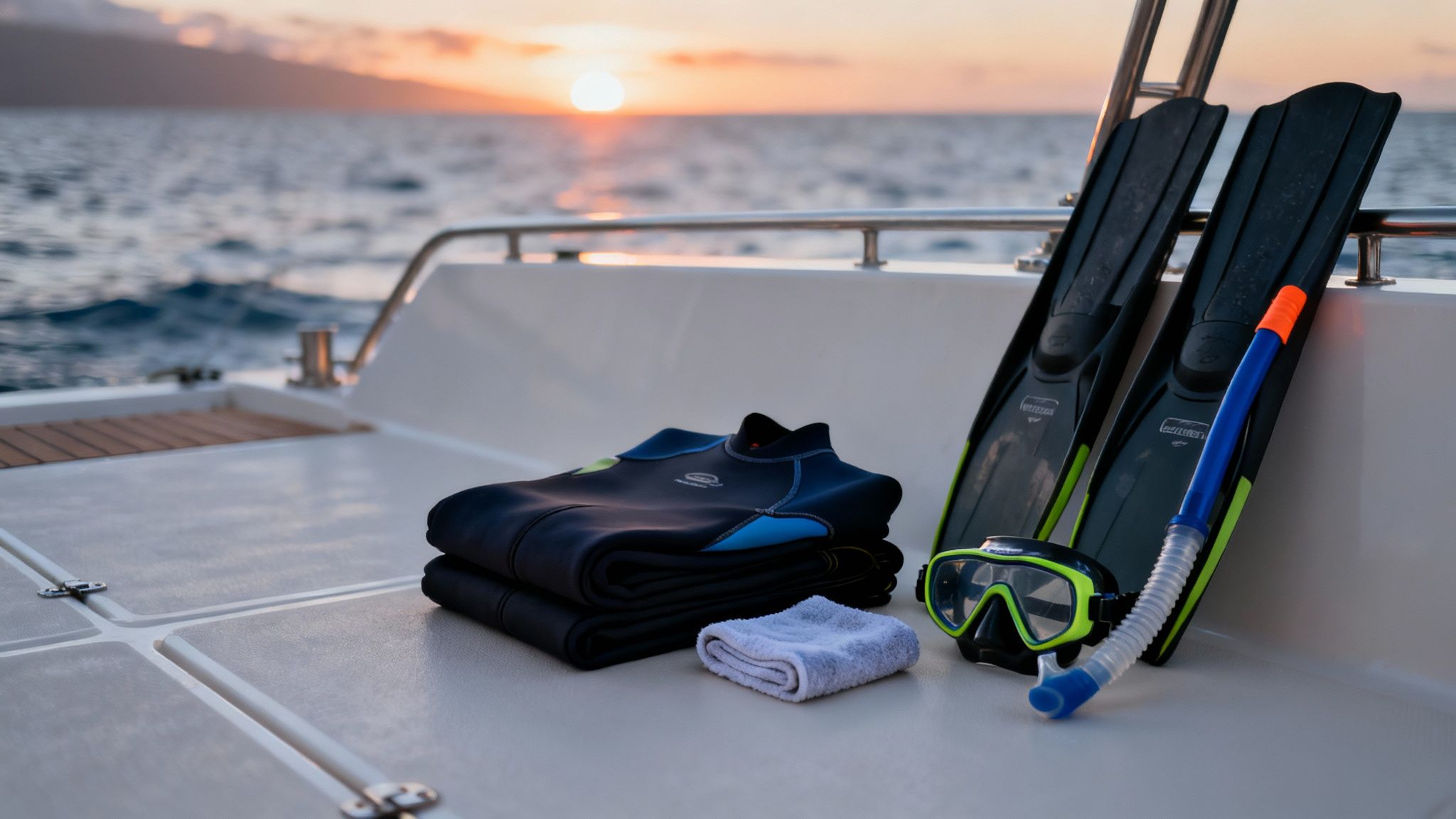 Snorkeling gear including wetsuits, fins, mask, and snorkel laid on a boat deck at sunset.