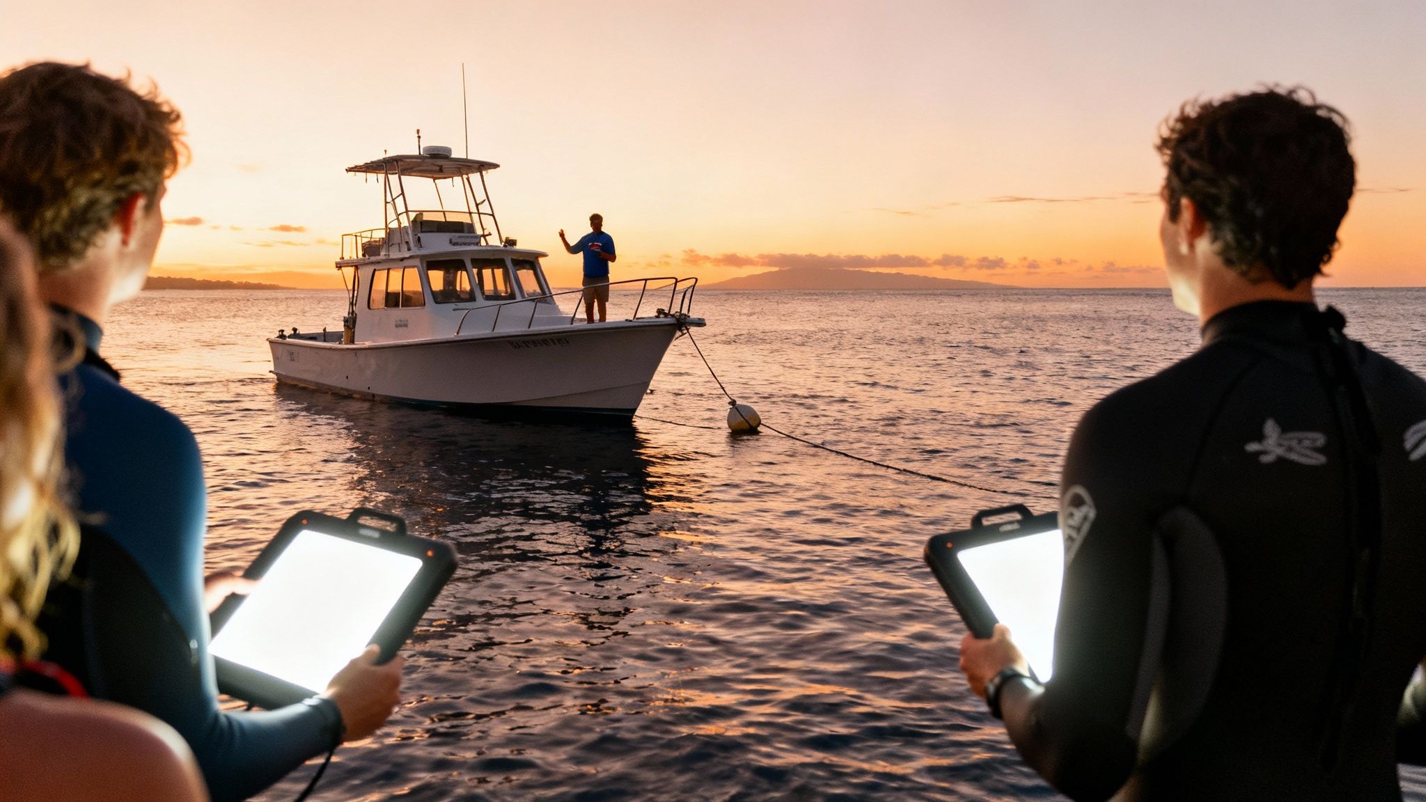 Divers in wetsuits with glowing tablets look at a boat on the ocean at sunset.