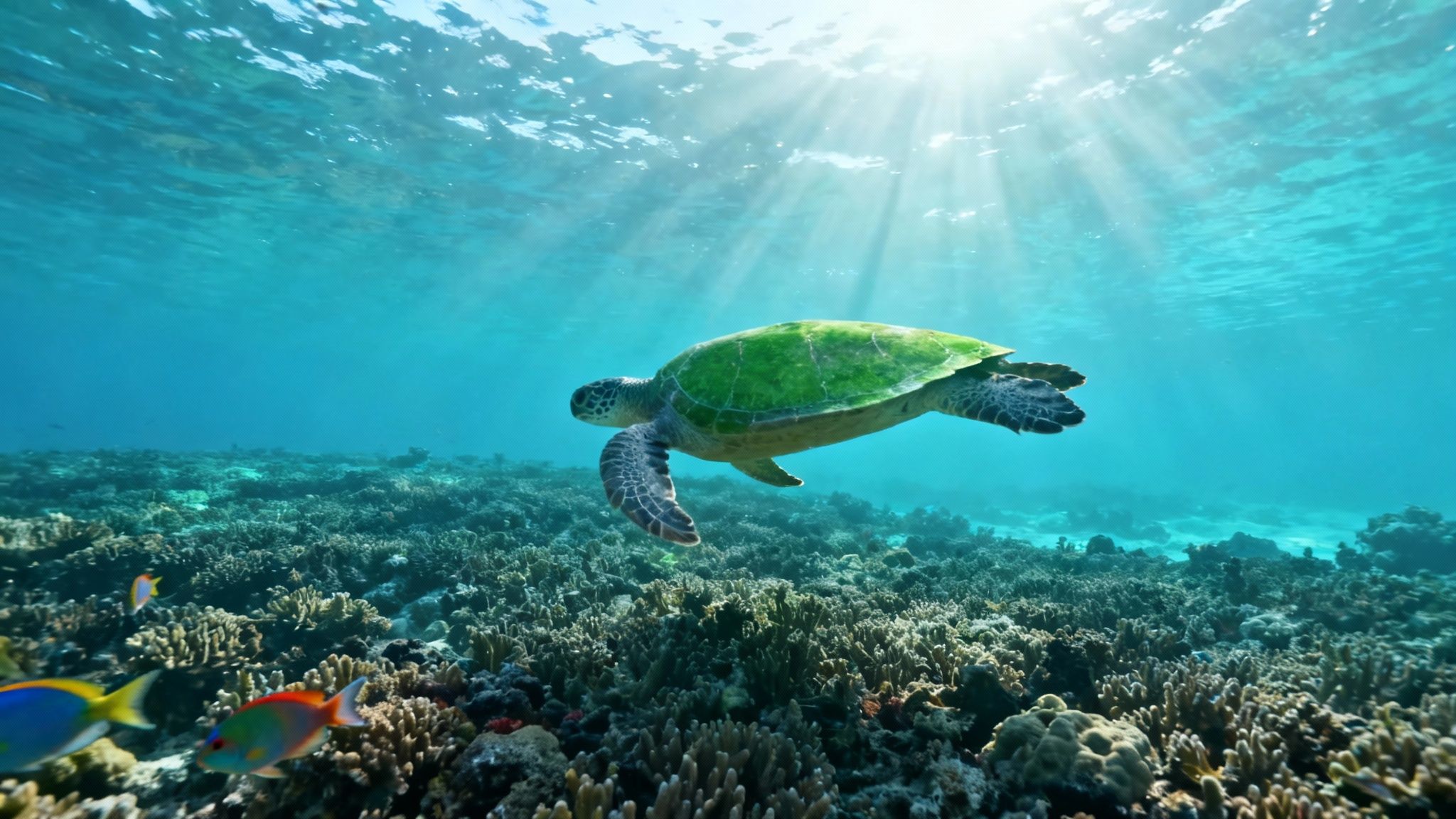 Green sea turtle swimming over vibrant coral reef in clear tropical ocean waters
