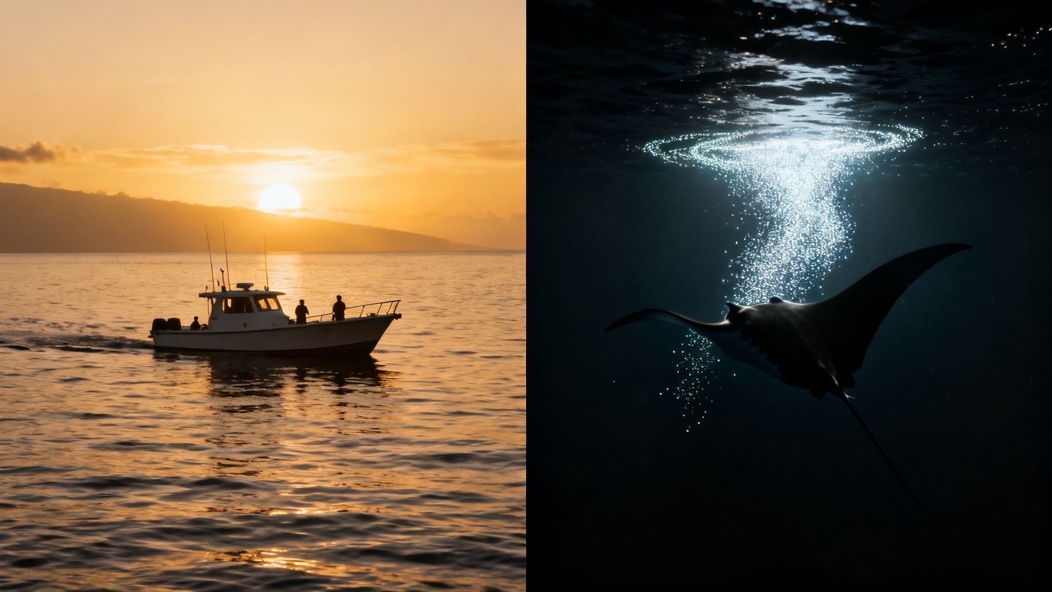 A split image showing a boat at sunset on the left and an underwater manta ray with bubbles on the right.