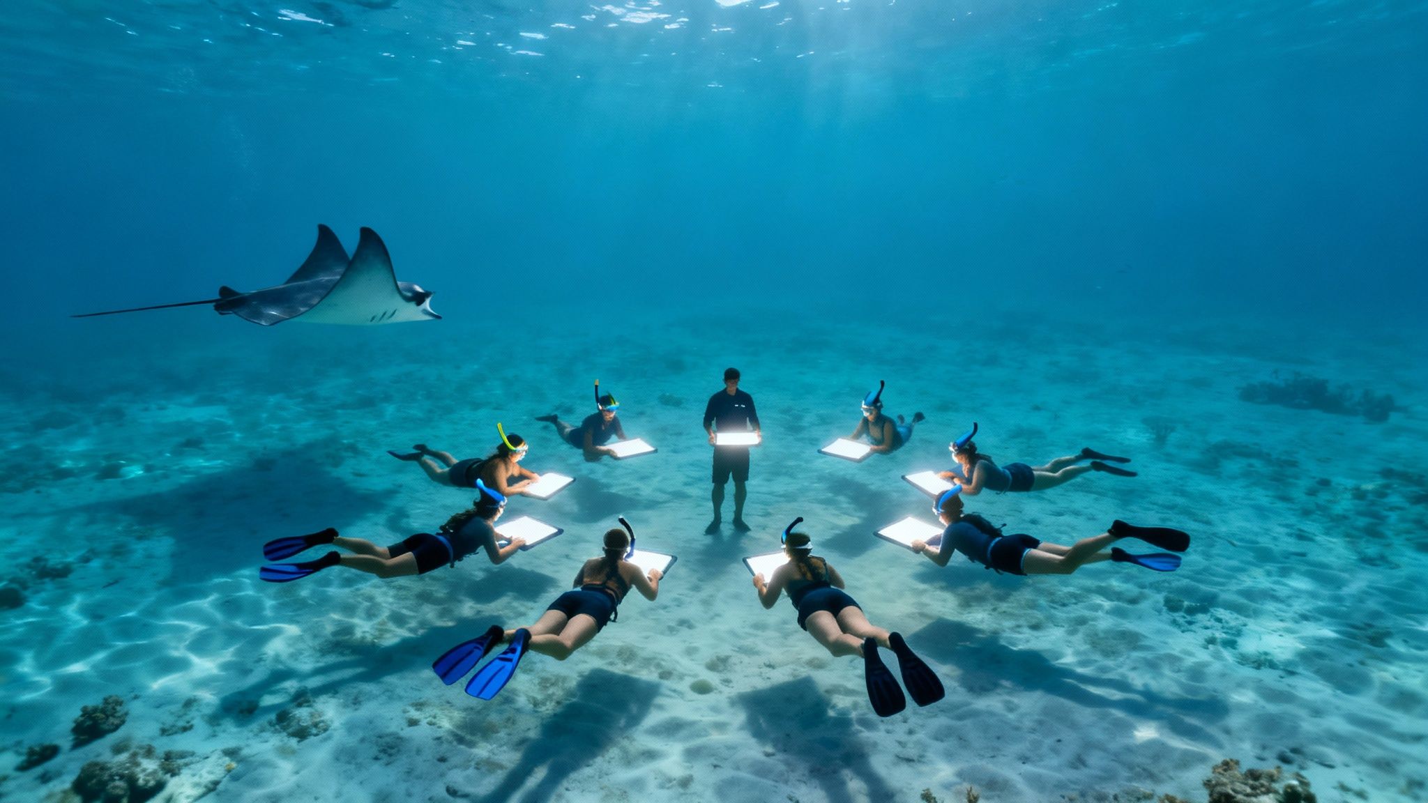 Group of snorkelers with illuminated tablets and an instructor underwater, with a manta ray swimming above.