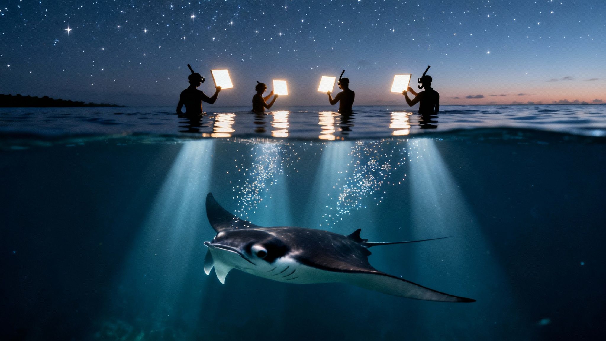 Nighttime scene with snorkelers illuminating a majestic manta ray under starry skies.