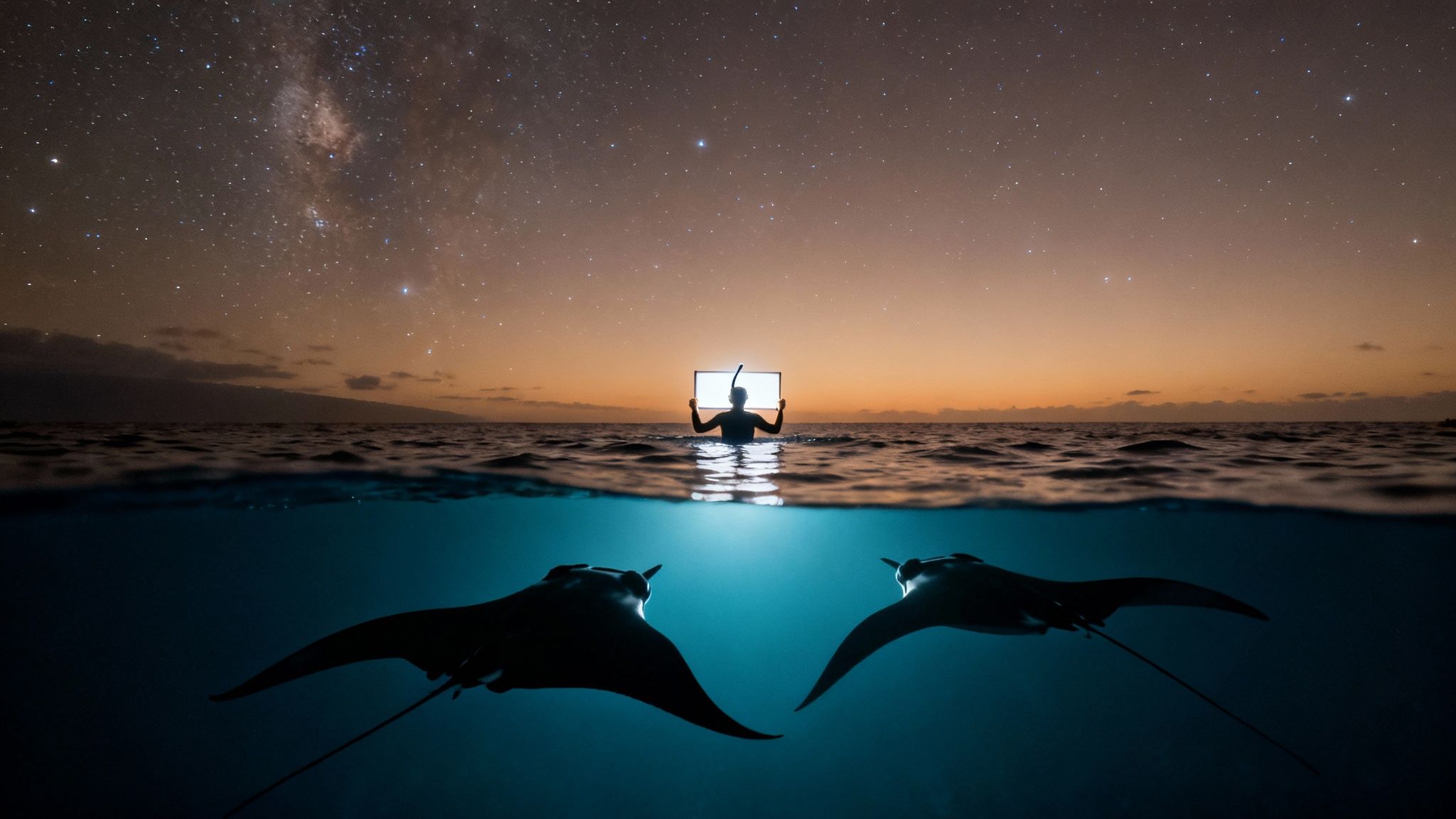 A split view image showing two manta rays underwater and a snorkeler holding a light under a starry night sky.