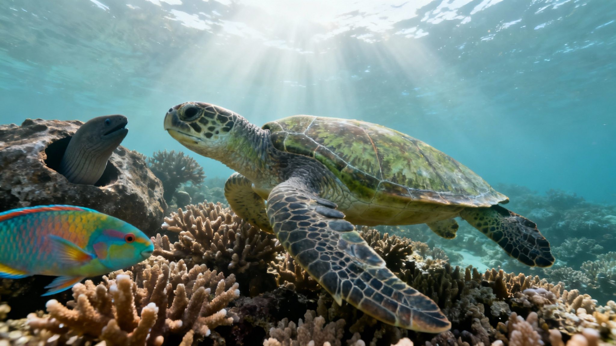 A vibrant school of yellow tang fish swimming over a healthy coral reef in Hawaii.