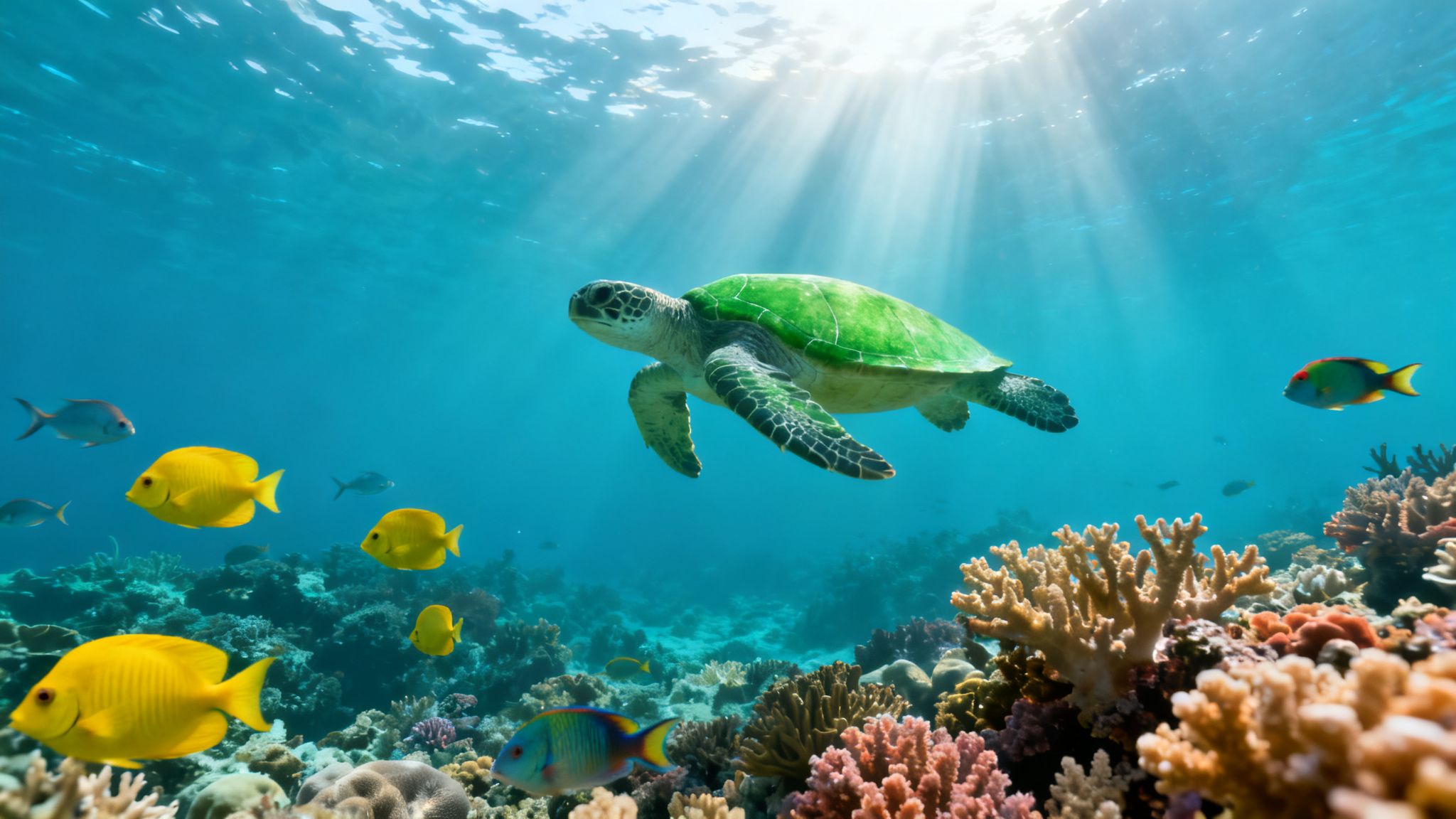 A majestic green sea turtle swims above a vibrant coral reef with colorful fish and sun rays.