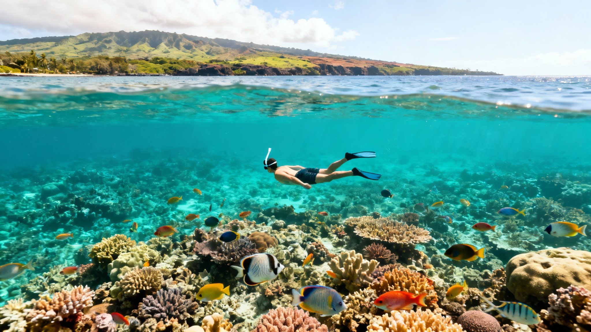 A split view of a person snorkeling over a colorful coral reef with fish and an island coastline above water.