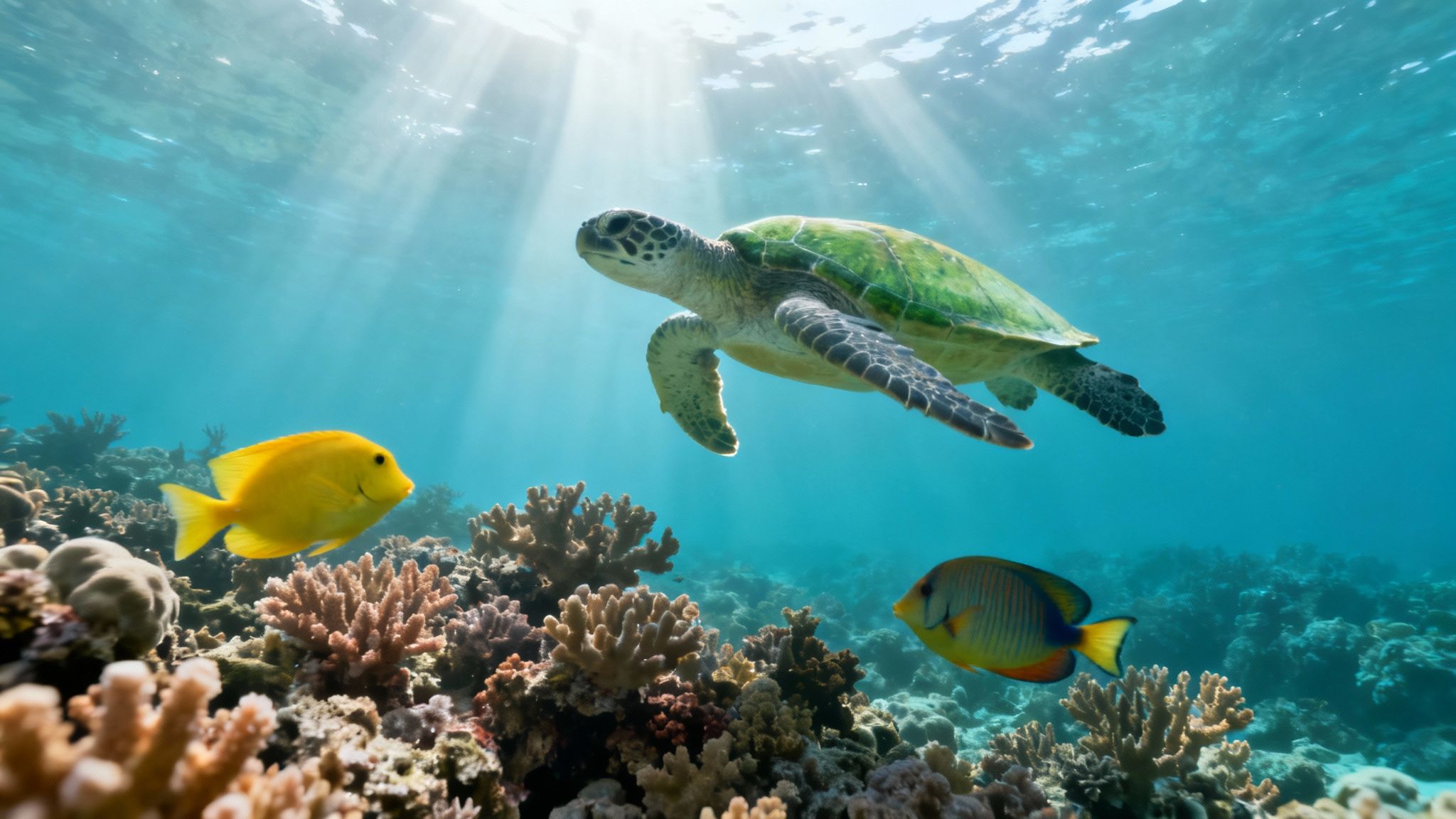A majestic green sea turtle swims gracefully above a vibrant coral reef, illuminated by sunbeams.