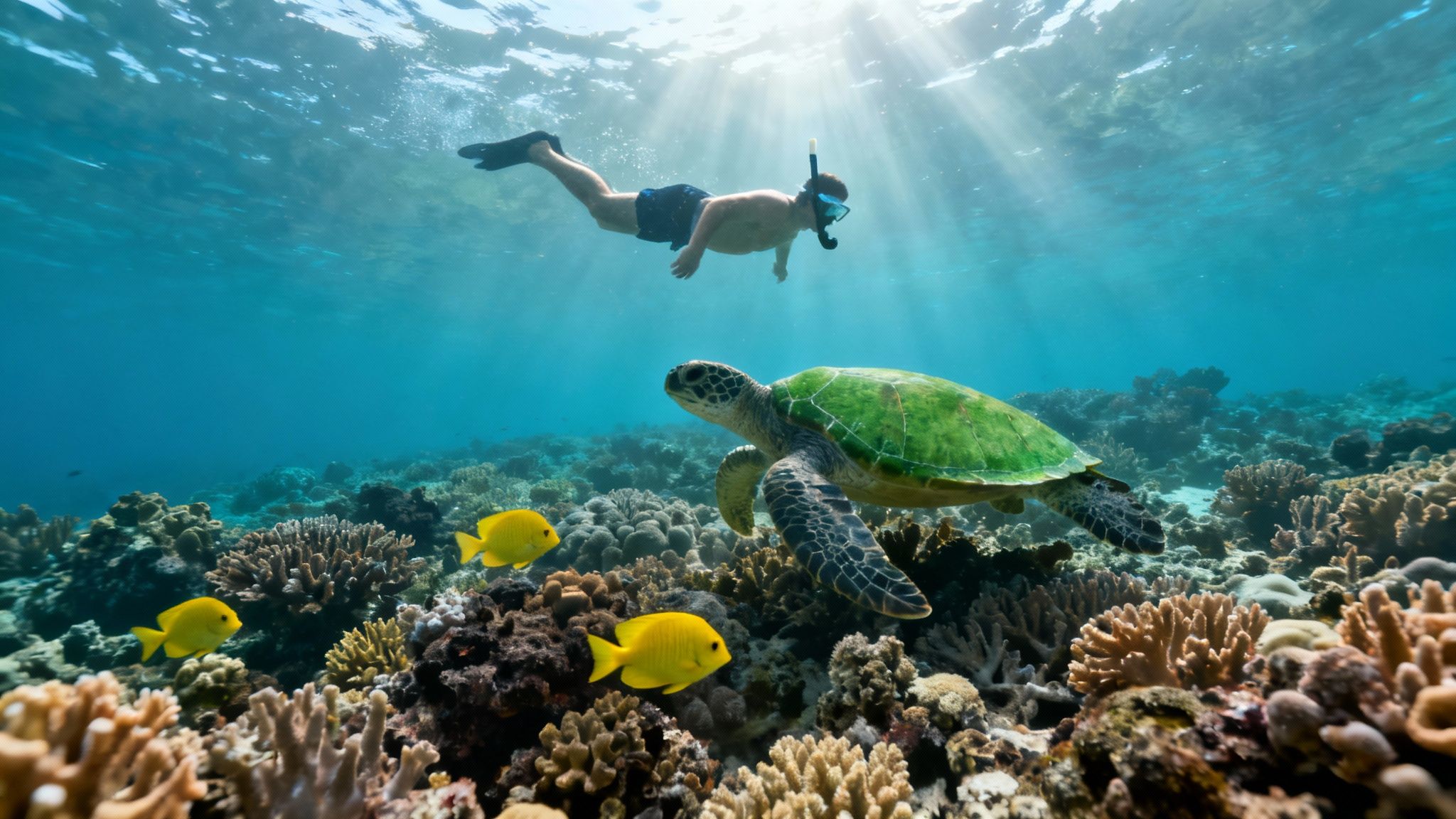 Colorful tropical fish swimming over a healthy coral reef in the clear blue waters of Kealakekua Bay.