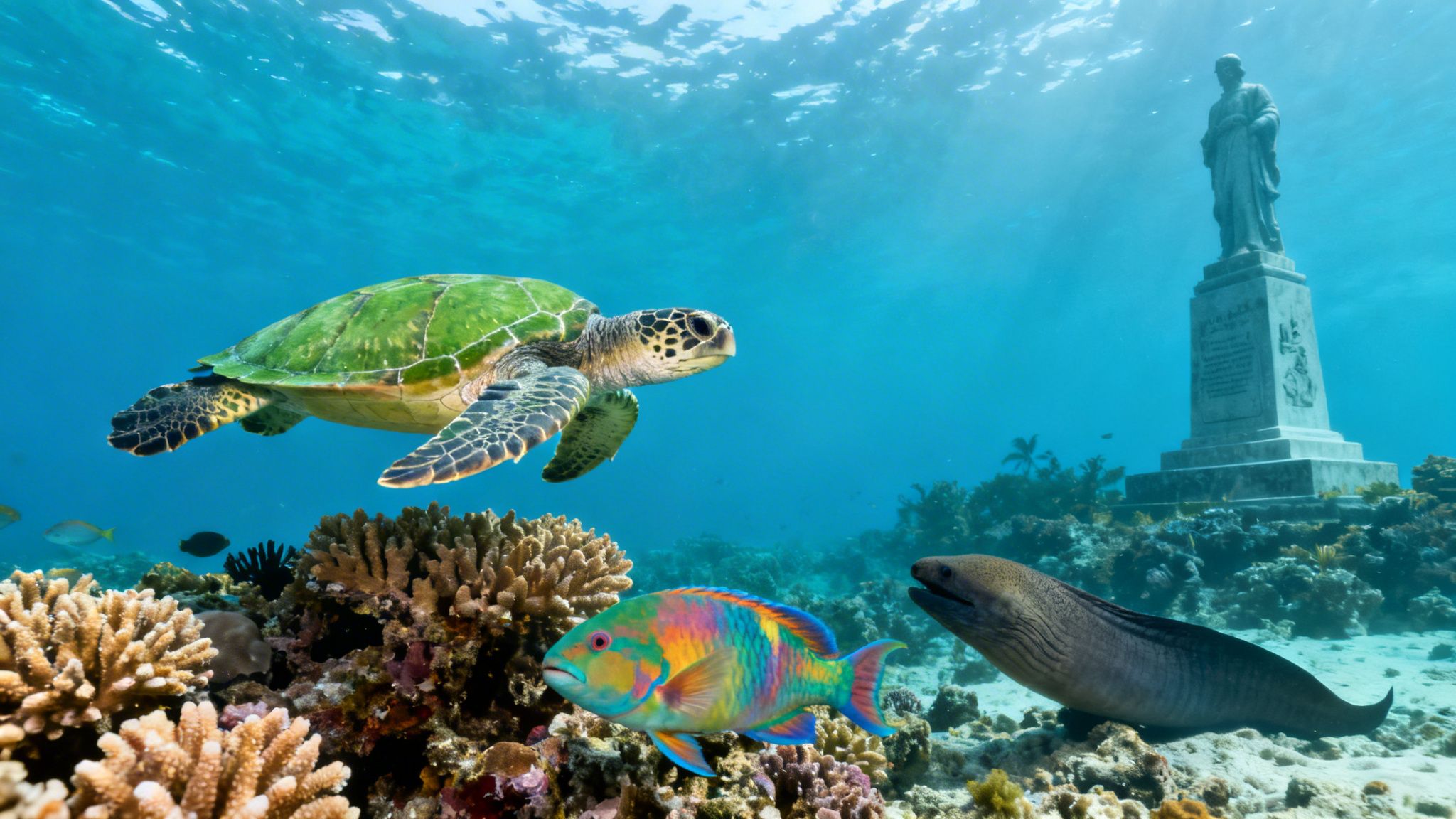 A vibrant underwater scene with a swimming sea turtle, colorful parrotfish, moray eel, coral reefs, and an underwater statue.