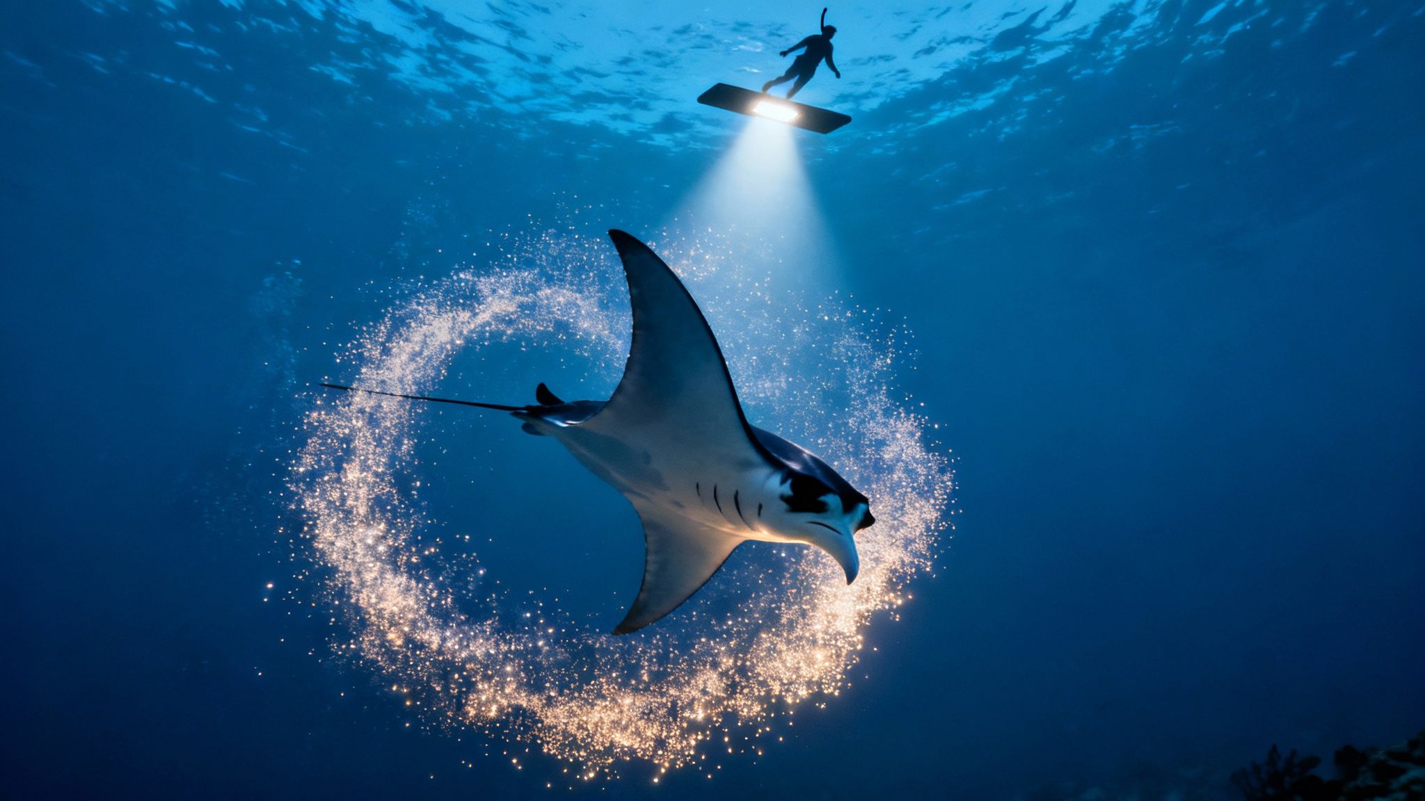 A diver on a lighted board illuminates a manta ray swimming in a sparkling underwater circle.
